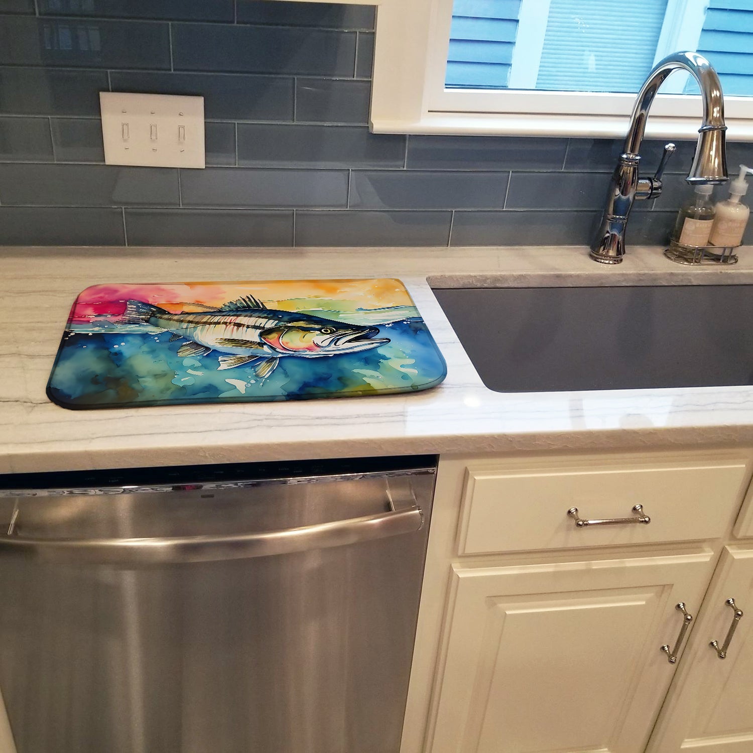 Striped Bass Dish Drying Mat Absorbent Dish Drying Mat Pad for Kitchen Counter Dish Drainer Mat for Countertop, 14 x 21", Multicolor