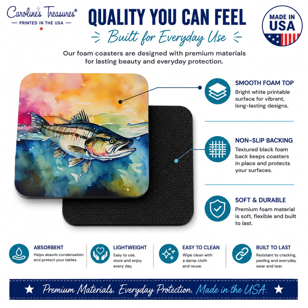 Striped Bass Foam Coasters Set of 4 Cup Coasters for Indoor Outdoor, Tabletop Protection, Anti Slip, Mouse pad Material