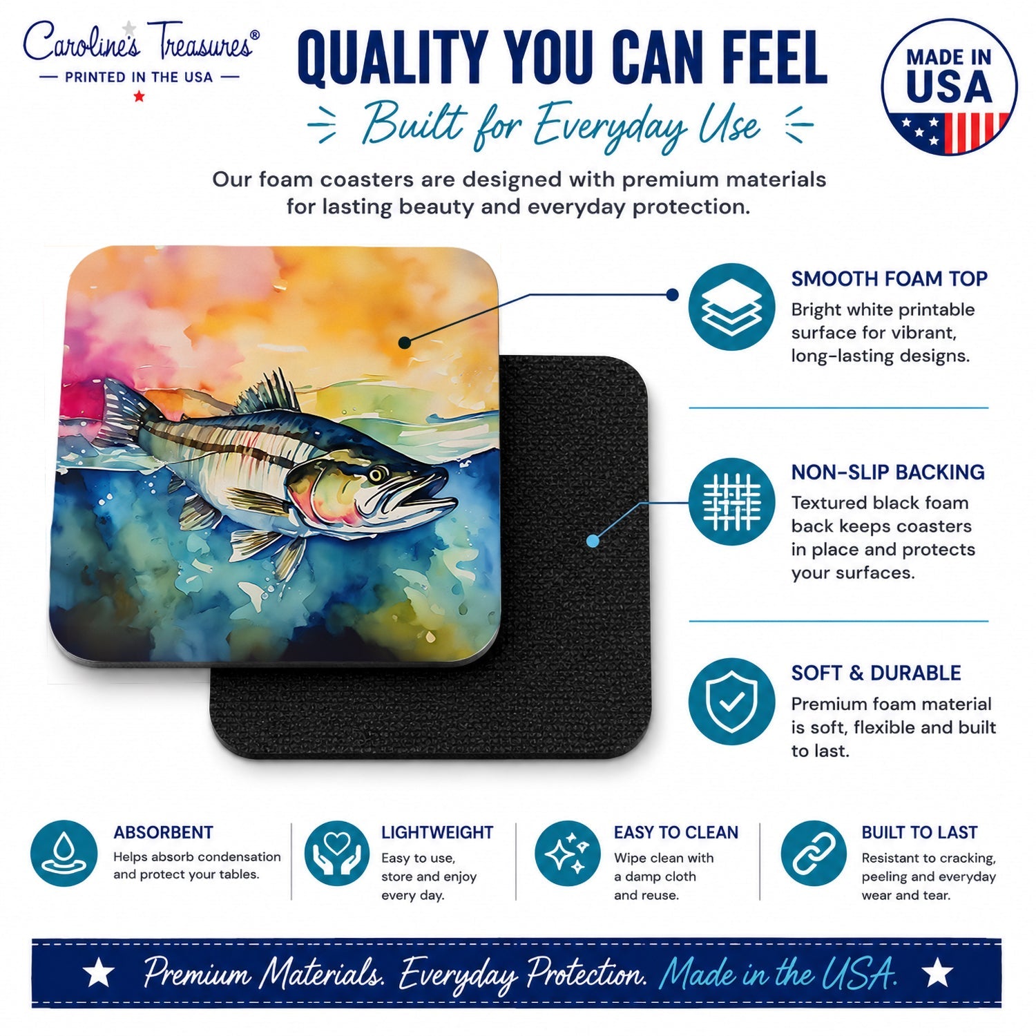 Striped Bass Foam Coasters Set of 4 Cup Coasters for Indoor Outdoor, Tabletop Protection, Anti Slip, Mouse pad Material