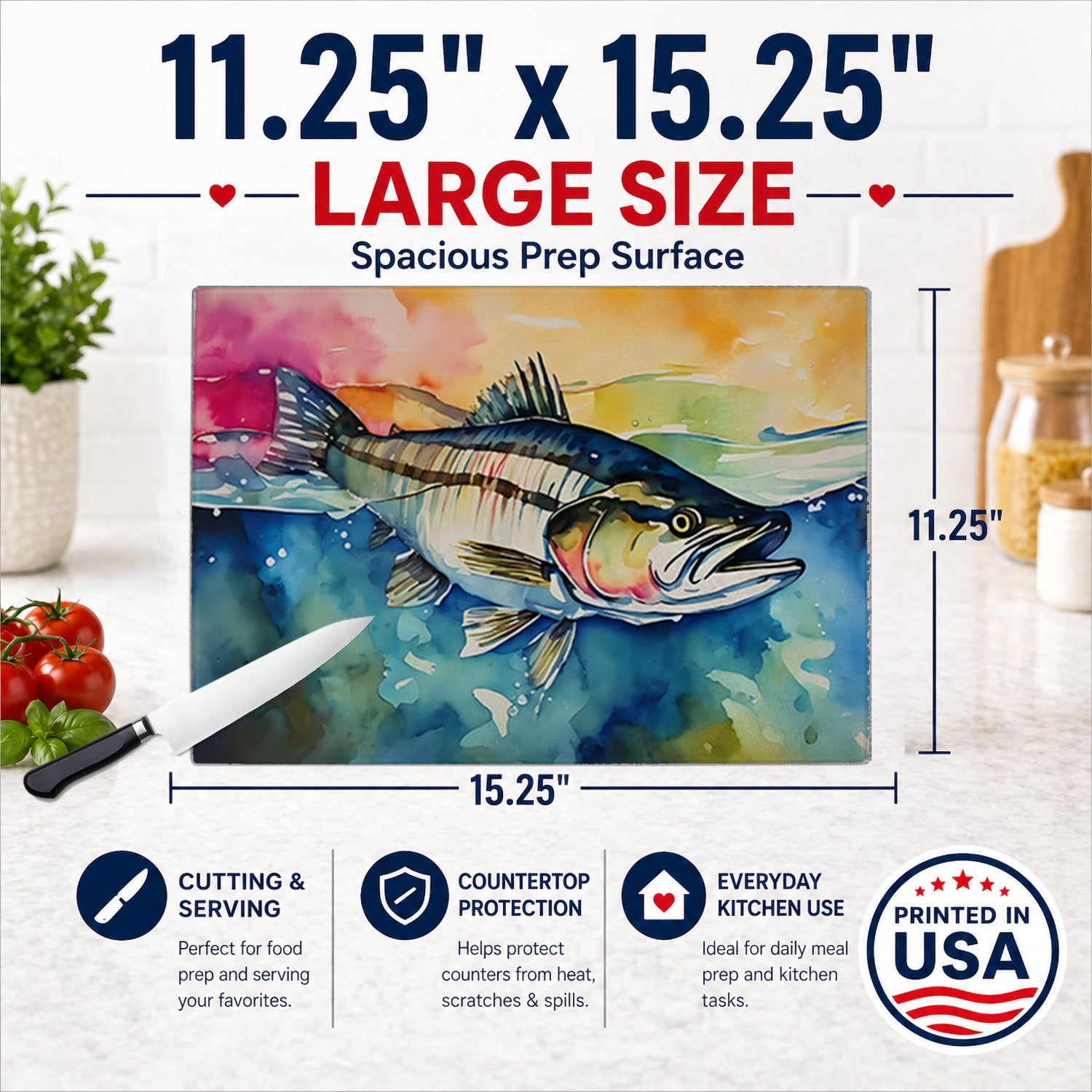 Striped Bass Cutting Board Tempered Glass Kitchen Cutting Surface, Heat Resistant Chopping, Non-Slip Feet, Food Prep & Serving