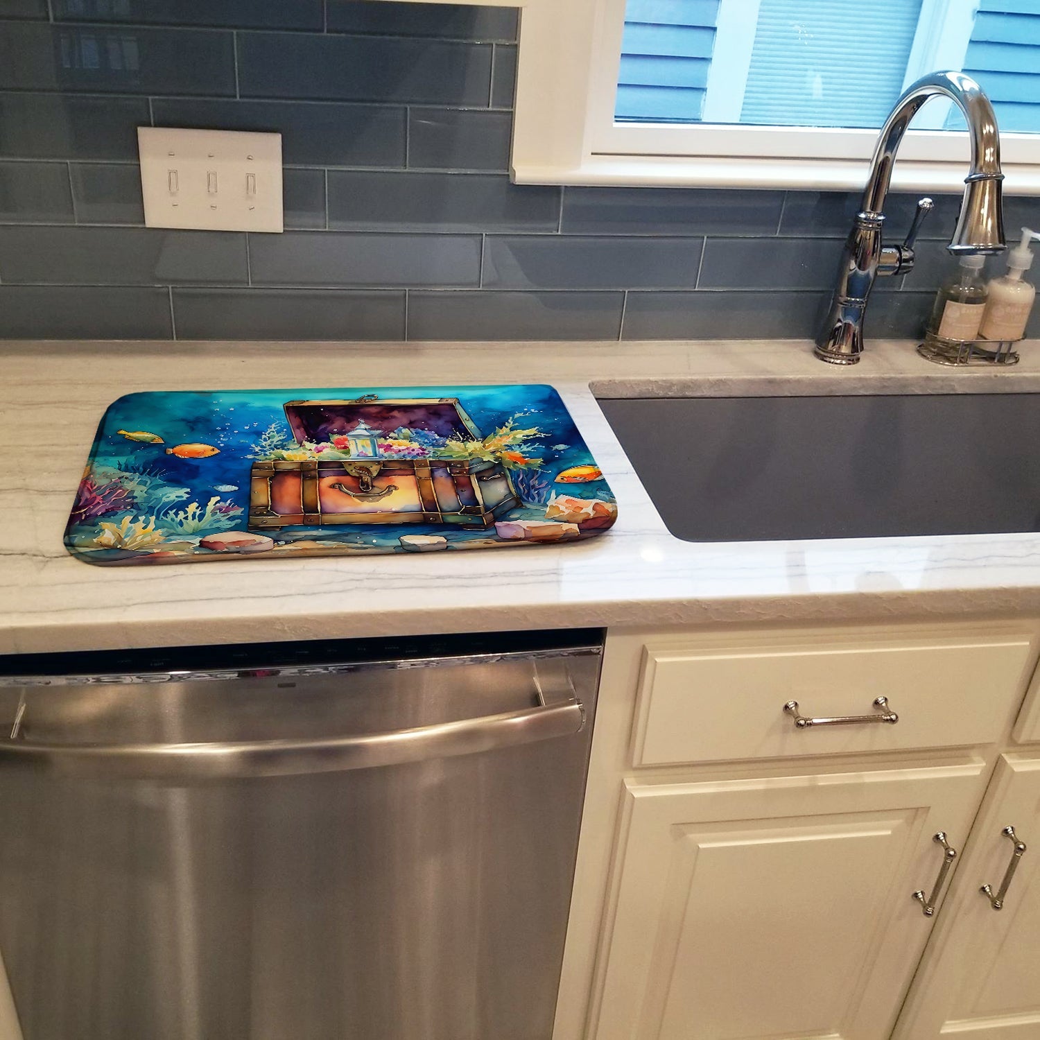 Treasure Chest Dish Drying Mat Absorbent Dish Drying Mat Pad for Kitchen Counter Dish Drainer Mat for Countertop, 14 x 21", Multicolor