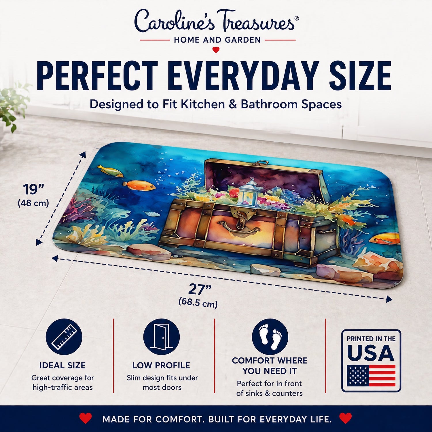Treasure Chest Memory Foam Kitchen Mat Machine Washable Anti-Fatigue Cushion Comfort Bath or Kitchen Rug