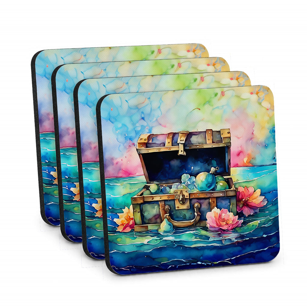 Treasure Chest Foam Coasters Set of 4 Cup Coasters for Indoor Outdoor, Tabletop Protection, Anti Slip, Mouse pad Material