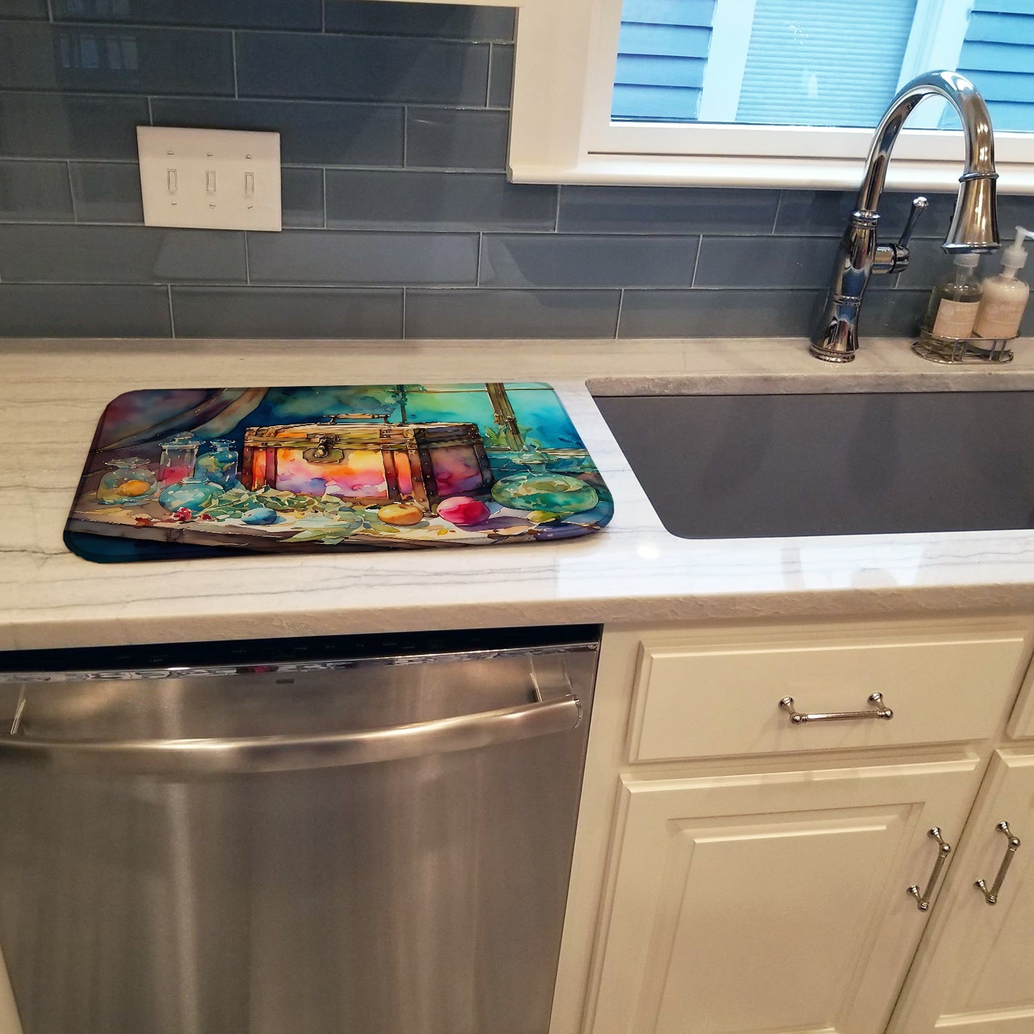 Treasure Chest Dish Drying Mat Absorbent Dish Drying Mat Pad for Kitchen Counter Dish Drainer Mat for Countertop, 14 x 21", Multicolor