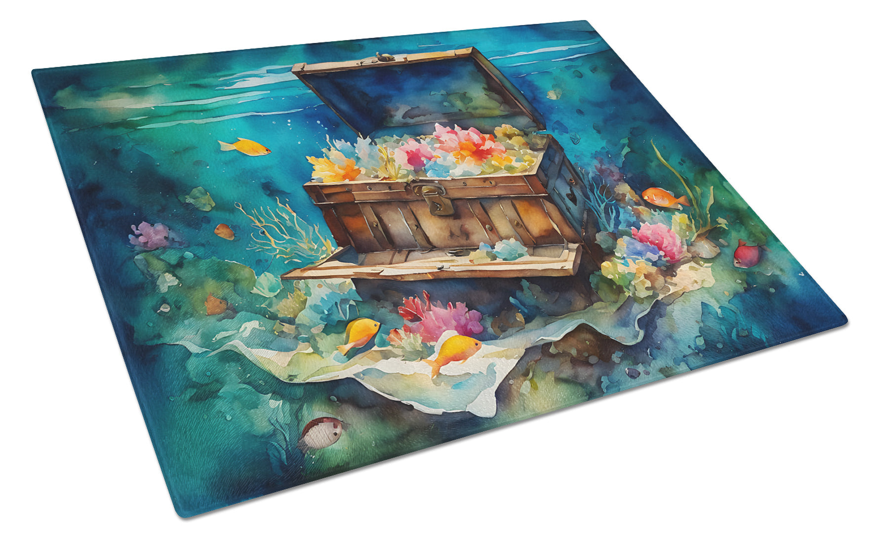 Treasure Chest Cutting Board Tempered Glass Kitchen Cutting Surface, Heat Resistant Chopping, Non-Slip Feet, Food Prep & Serving