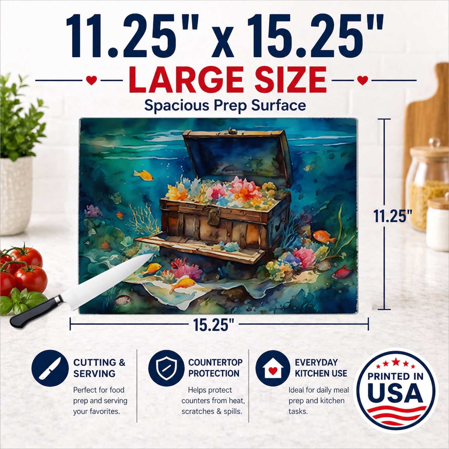 Treasure Chest Cutting Board Tempered Glass Kitchen Cutting Surface, Heat Resistant Chopping, Non-Slip Feet, Food Prep & Serving