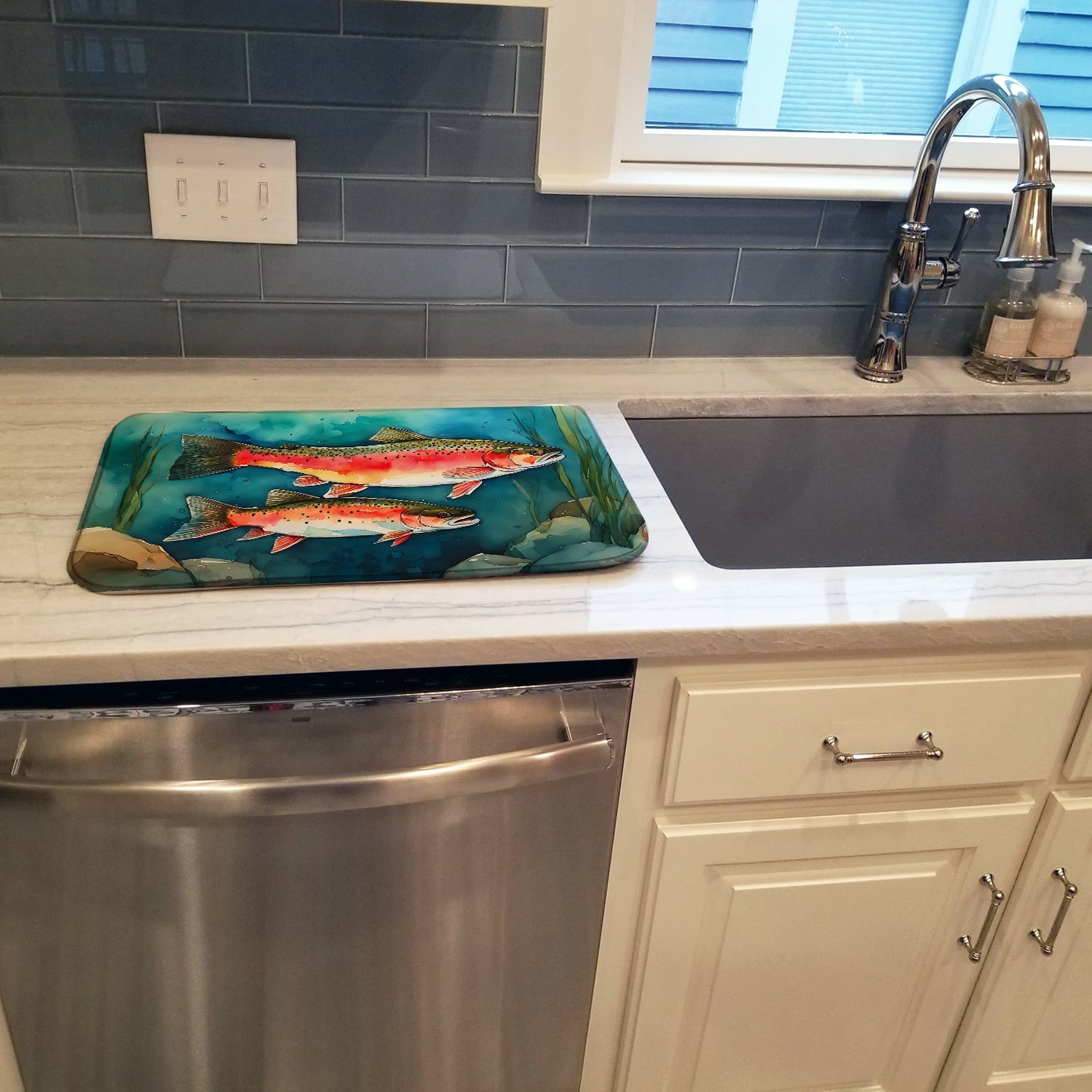 Trout Dish Drying Mat Absorbent Dish Drying Mat Pad for Kitchen Counter Dish Drainer Mat for Countertop, 14 x 21", Multicolor