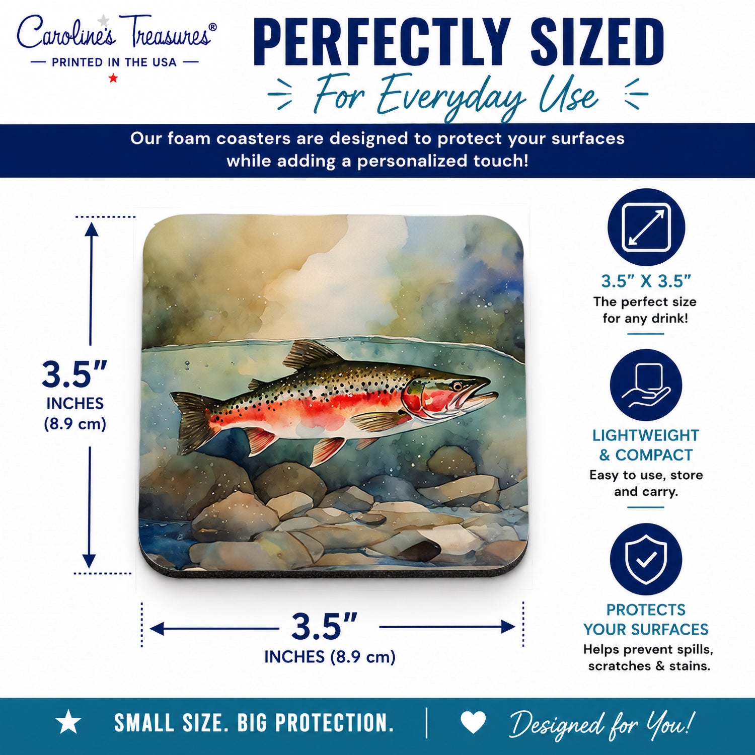 Trout Foam Coasters Set of 4 Cup Coasters for Indoor Outdoor, Tabletop Protection, Anti Slip, Mouse pad Material