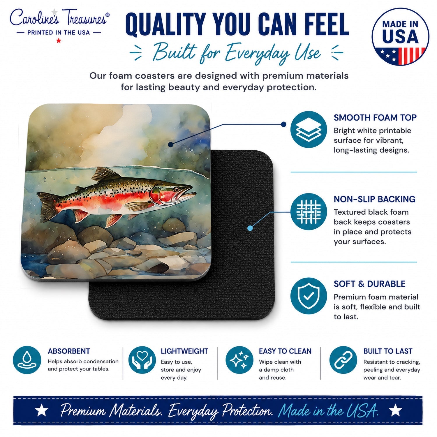 Trout Foam Coasters Set of 4 Cup Coasters for Indoor Outdoor, Tabletop Protection, Anti Slip, Mouse pad Material