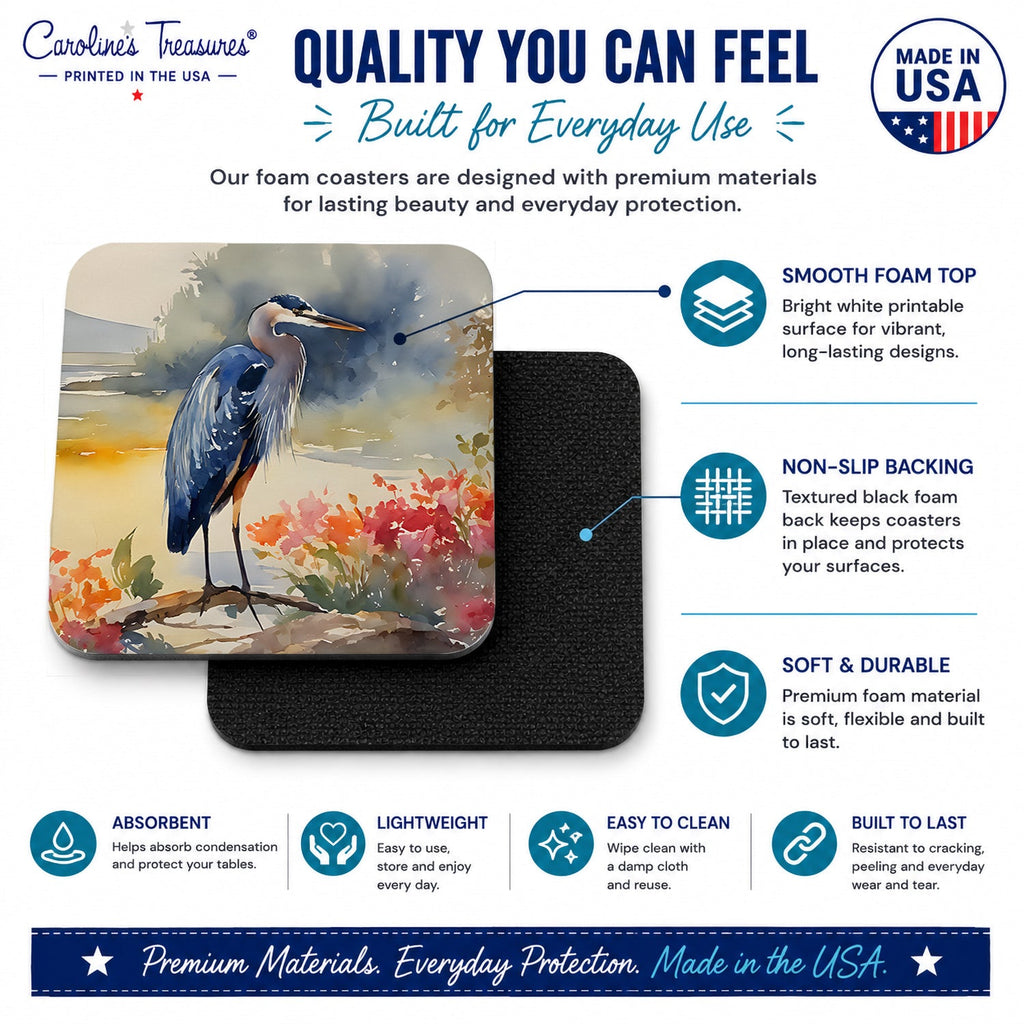 Blue Heron Foam Coasters Set of 4 Cup Coasters for Indoor Outdoor, Tabletop Protection, Anti Slip, Mouse pad Material