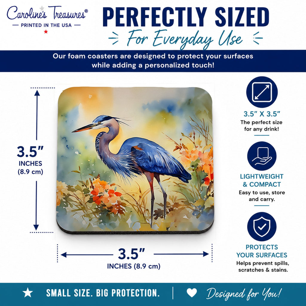 Blue Heron Foam Coasters Set of 4 Cup Coasters for Indoor Outdoor, Tabletop Protection, Anti Slip, Mouse pad Material