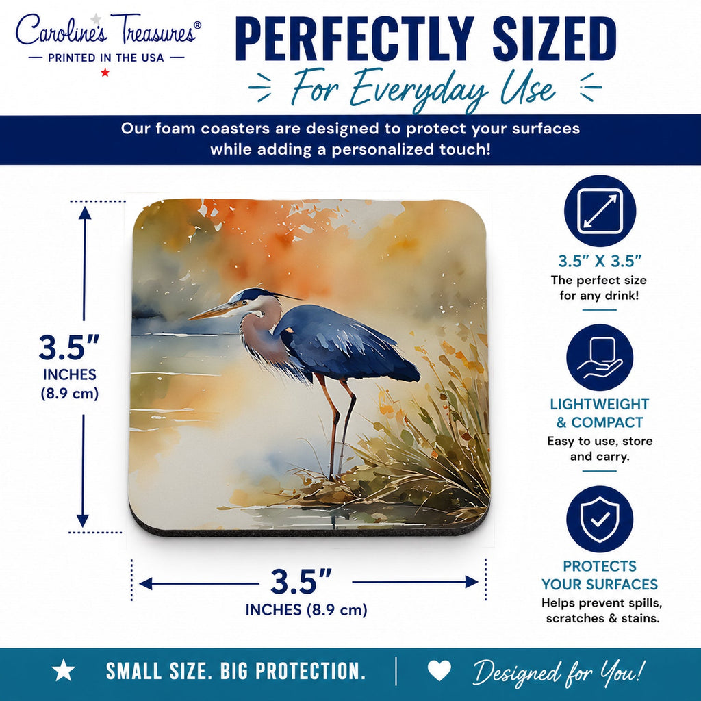Blue Heron Foam Coasters Set of 4 Cup Coasters for Indoor Outdoor, Tabletop Protection, Anti Slip, Mouse pad Material