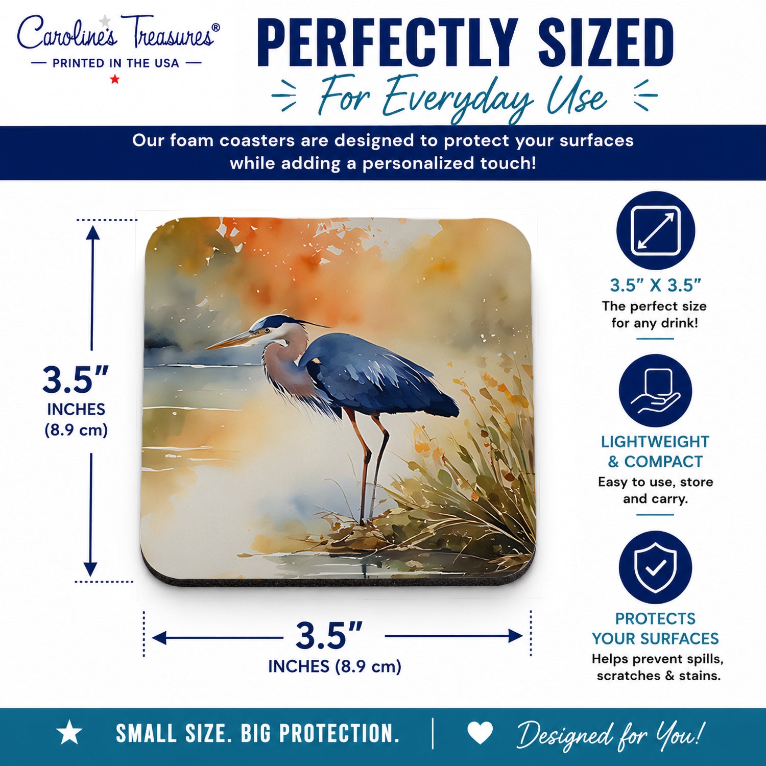 Blue Heron Foam Coasters Set of 4 Cup Coasters for Indoor Outdoor, Tabletop Protection, Anti Slip, Mouse pad Material