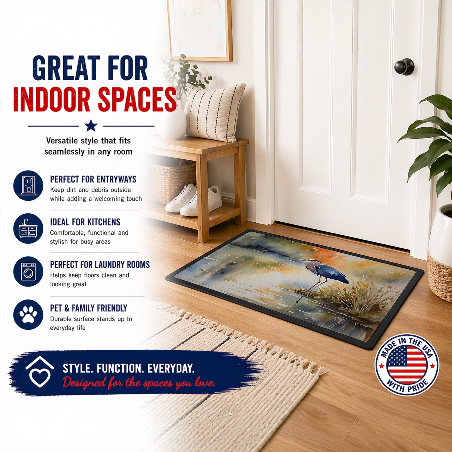 Blue Heron Doormat Indoor Outdoor 18H X 27W Front Door Mat Rugs for Entryway, Non Slip Washable