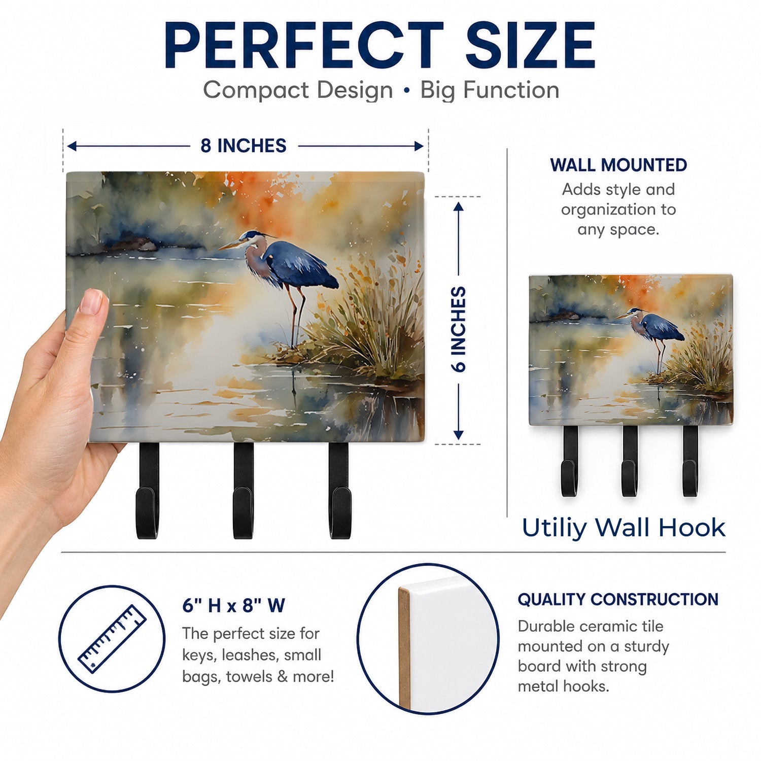 Blue Heron Leash or Key Holder Wall Hooks, Coat Rack Wall Mount, for Hanging Keys, Towels, Aprons, Leashes