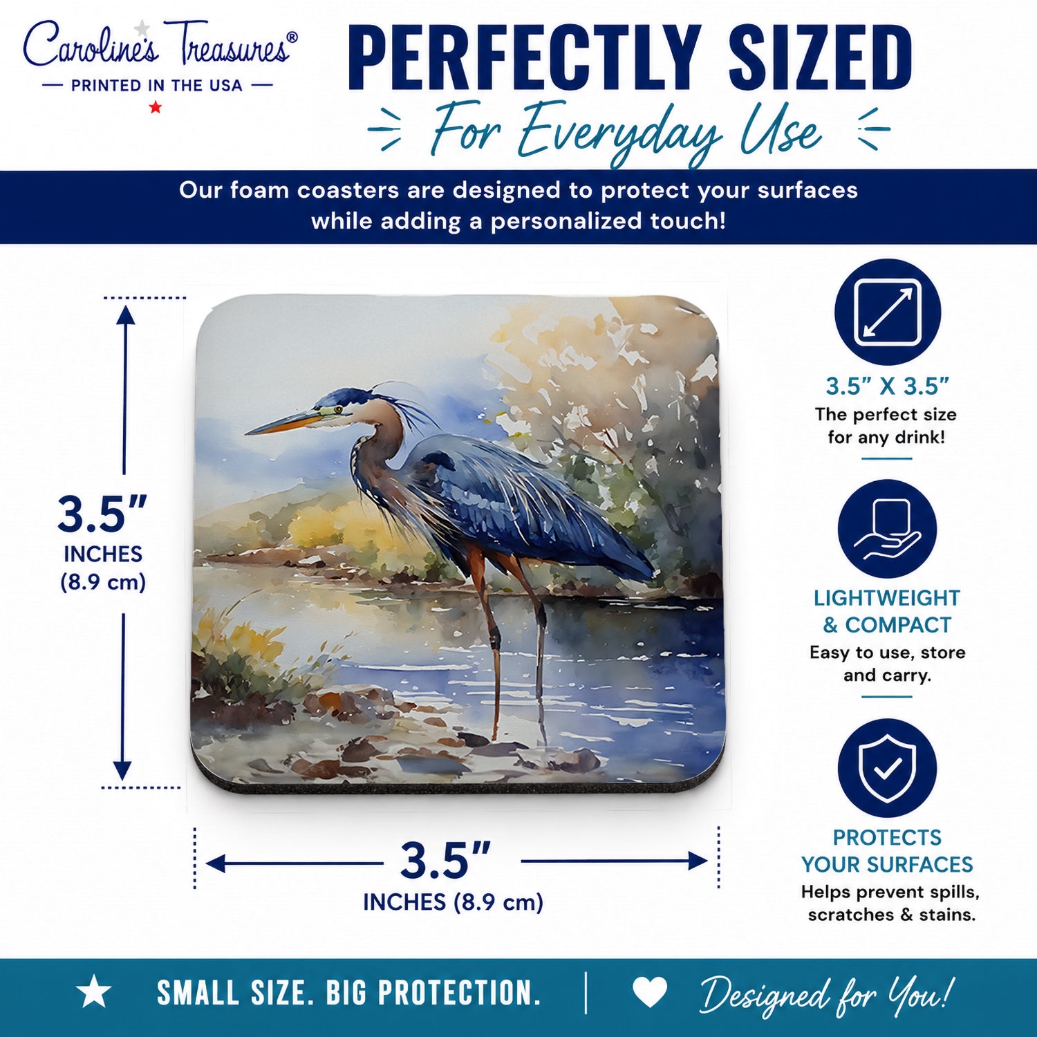 Blue Heron Foam Coasters Set of 4 Cup Coasters for Indoor Outdoor, Tabletop Protection, Anti Slip, Mouse pad Material