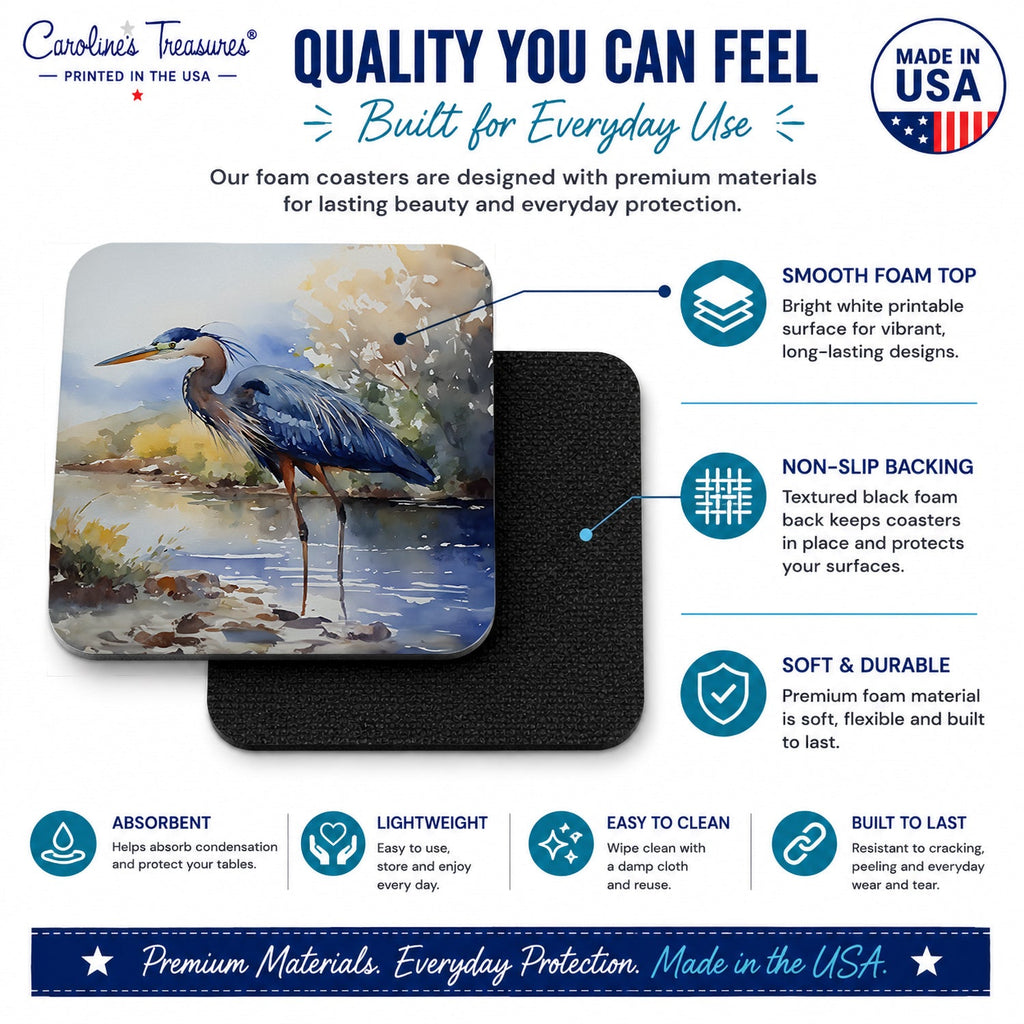 Blue Heron Foam Coasters Set of 4 Cup Coasters for Indoor Outdoor, Tabletop Protection, Anti Slip, Mouse pad Material