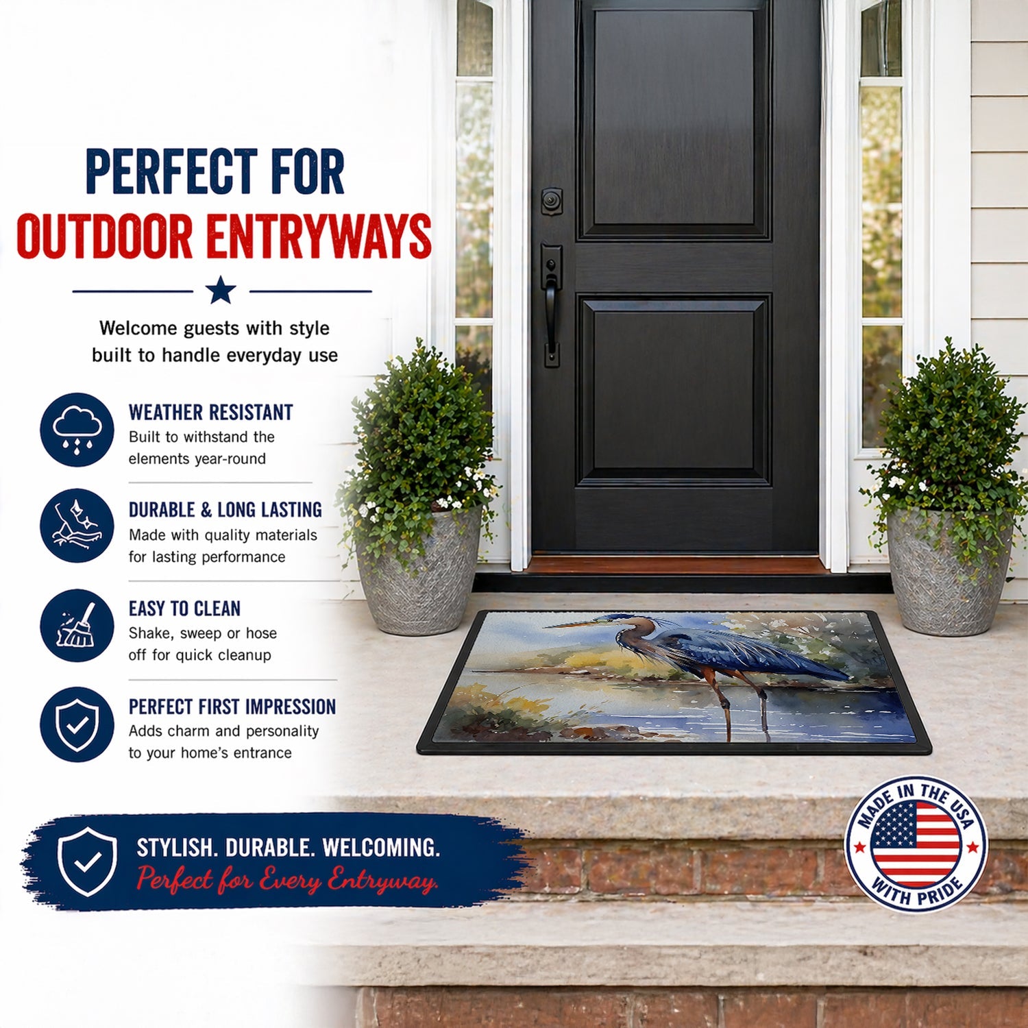 Blue Heron Doormat Indoor Outdoor 18H X 27W Front Door Mat Rugs for Entryway, Non Slip Washable