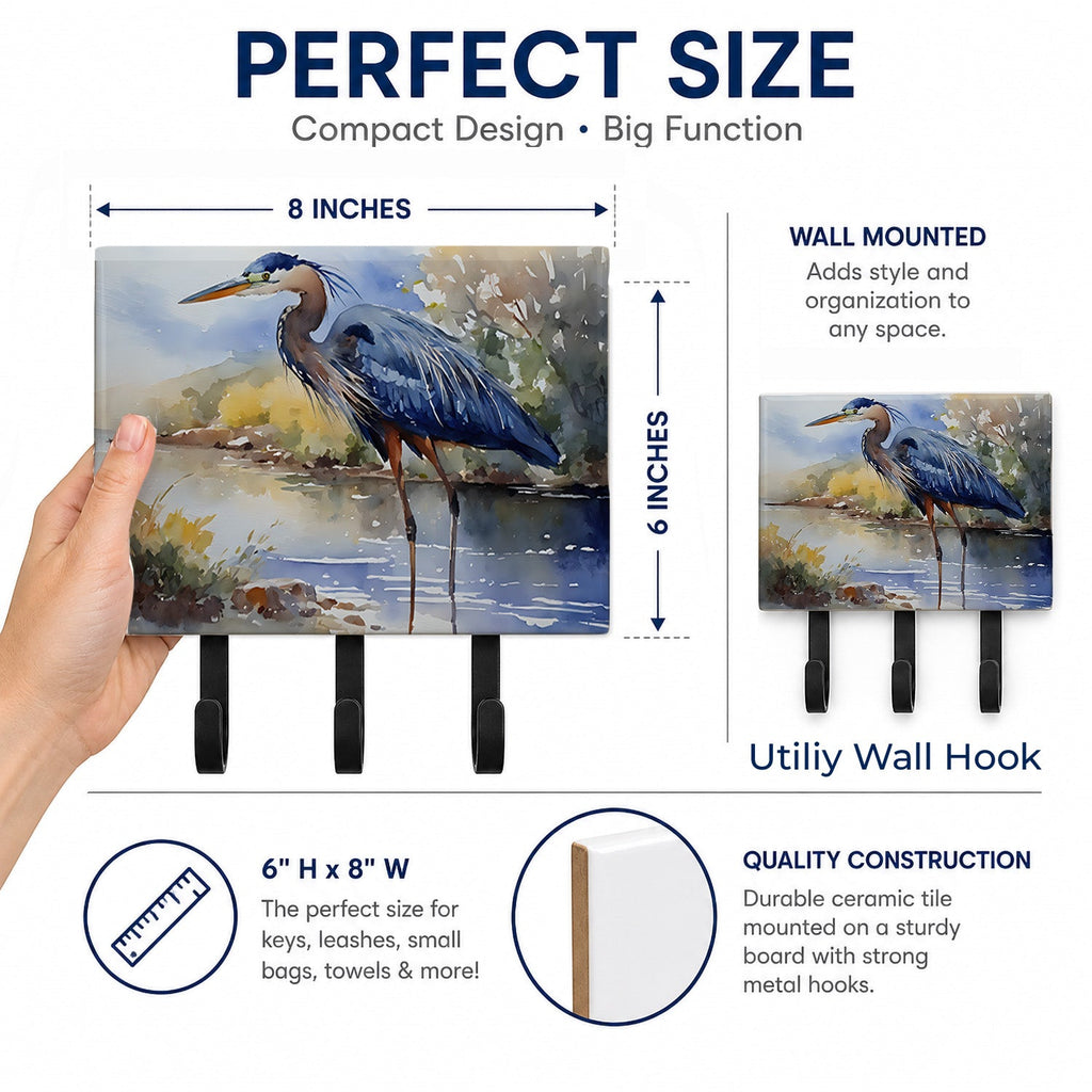 Blue Heron Leash or Key Holder Wall Hooks, Coat Rack Wall Mount, for Hanging Keys, Towels, Aprons, Leashes