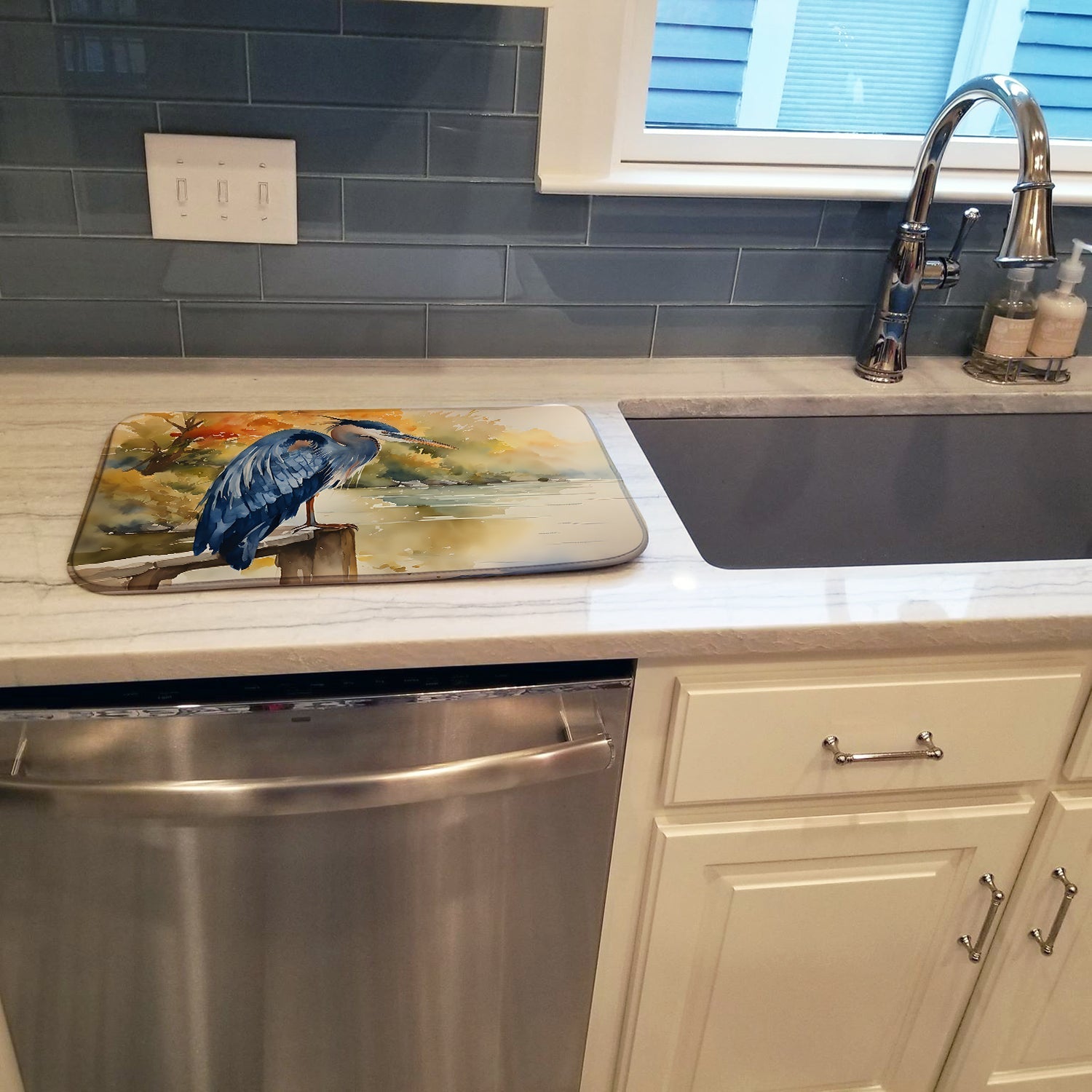 Blue Heron Dish Drying Mat Absorbent Dish Drying Mat Pad for Kitchen Counter Dish Drainer Mat for Countertop, 14 x 21", Multicolor