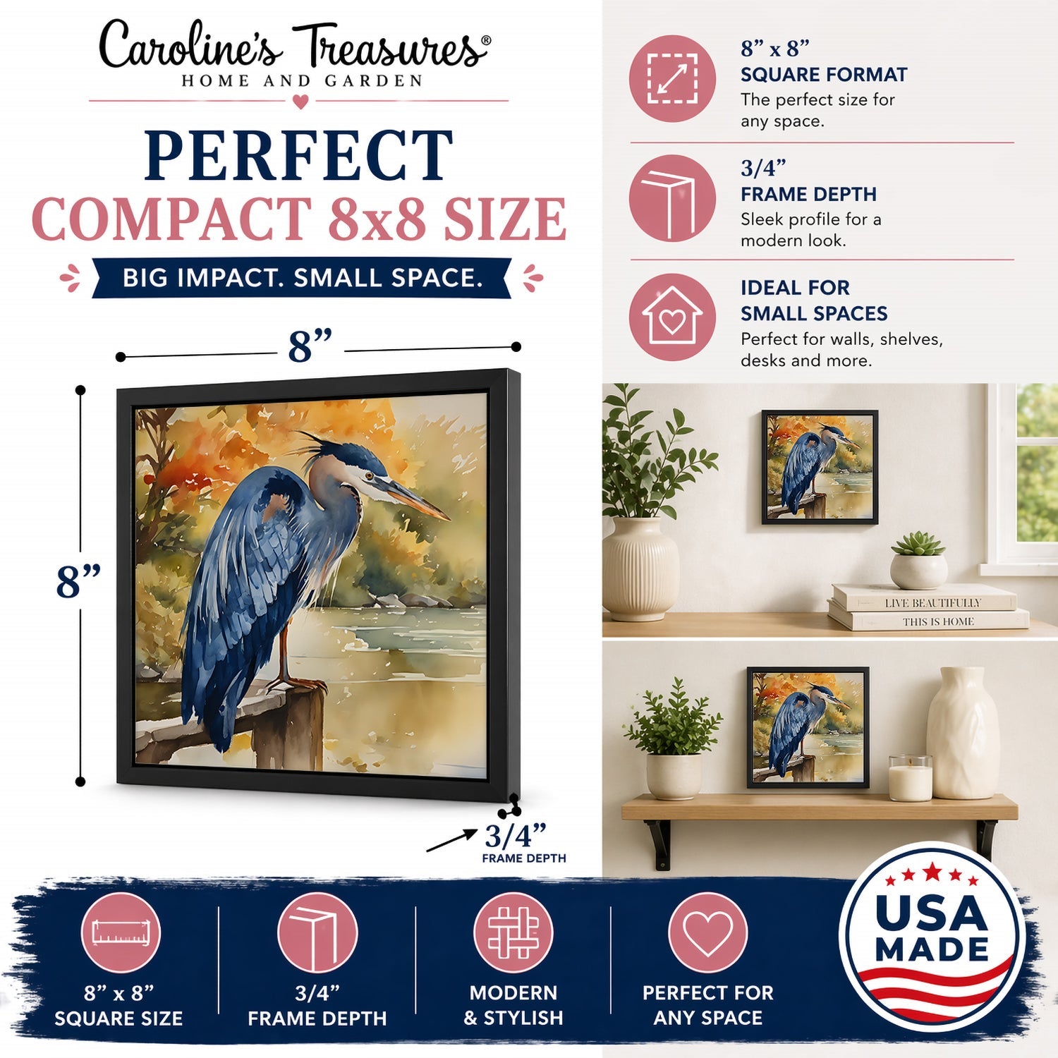 Blue Heron Framed Metal Print Bathroom, Kitchen, Office, Home Decor Wall Art Ready to Hang, Square, 8X8