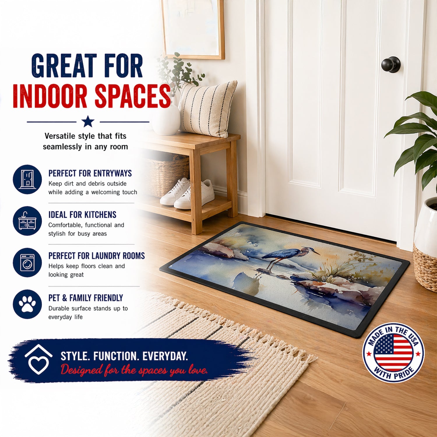 Blue Heron Doormat Indoor Outdoor 18H X 27W Front Door Mat Rugs for Entryway, Non Slip Washable
