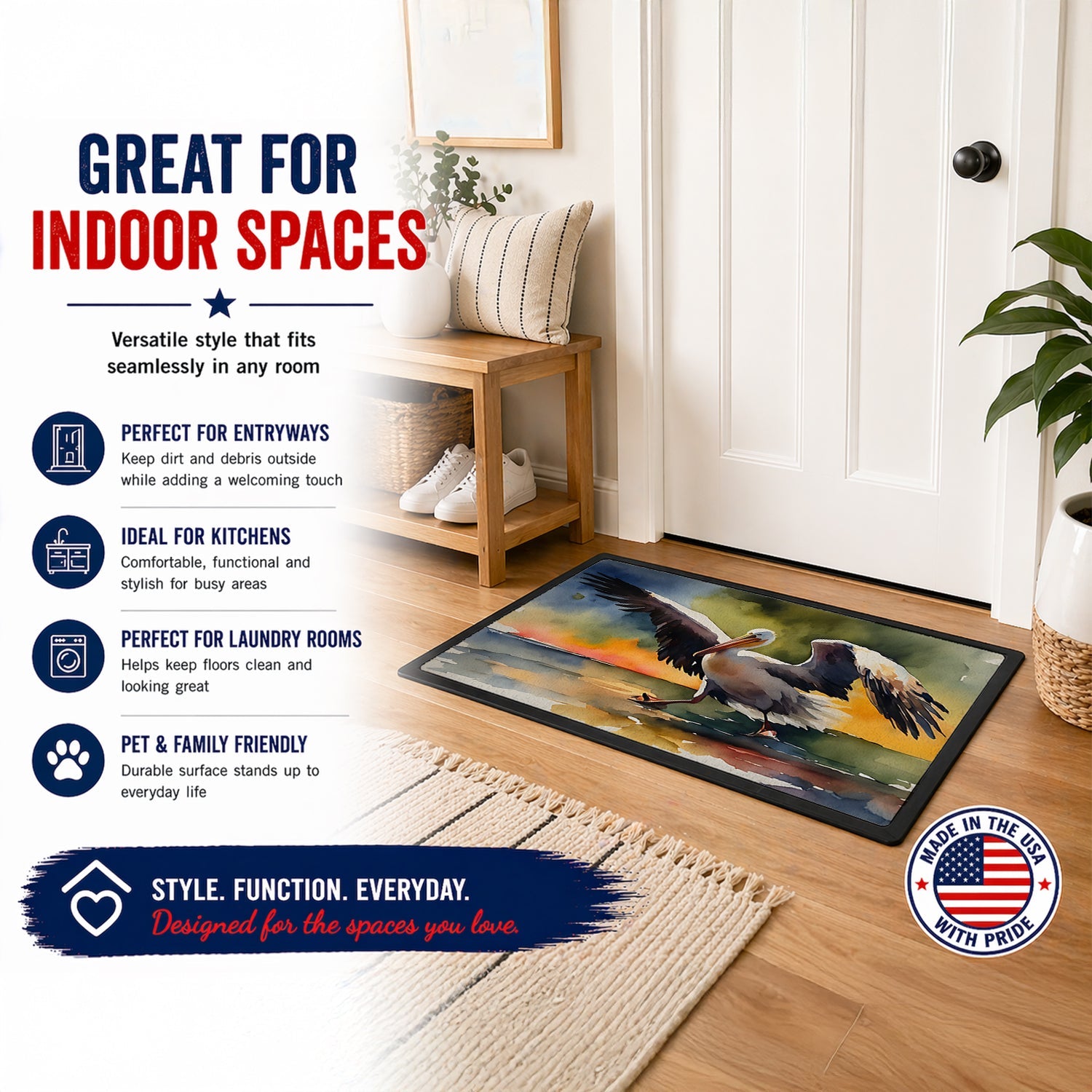 Pelican Doormat Indoor Outdoor 18H X 27W Front Door Mat Rugs for Entryway, Non Slip Washable