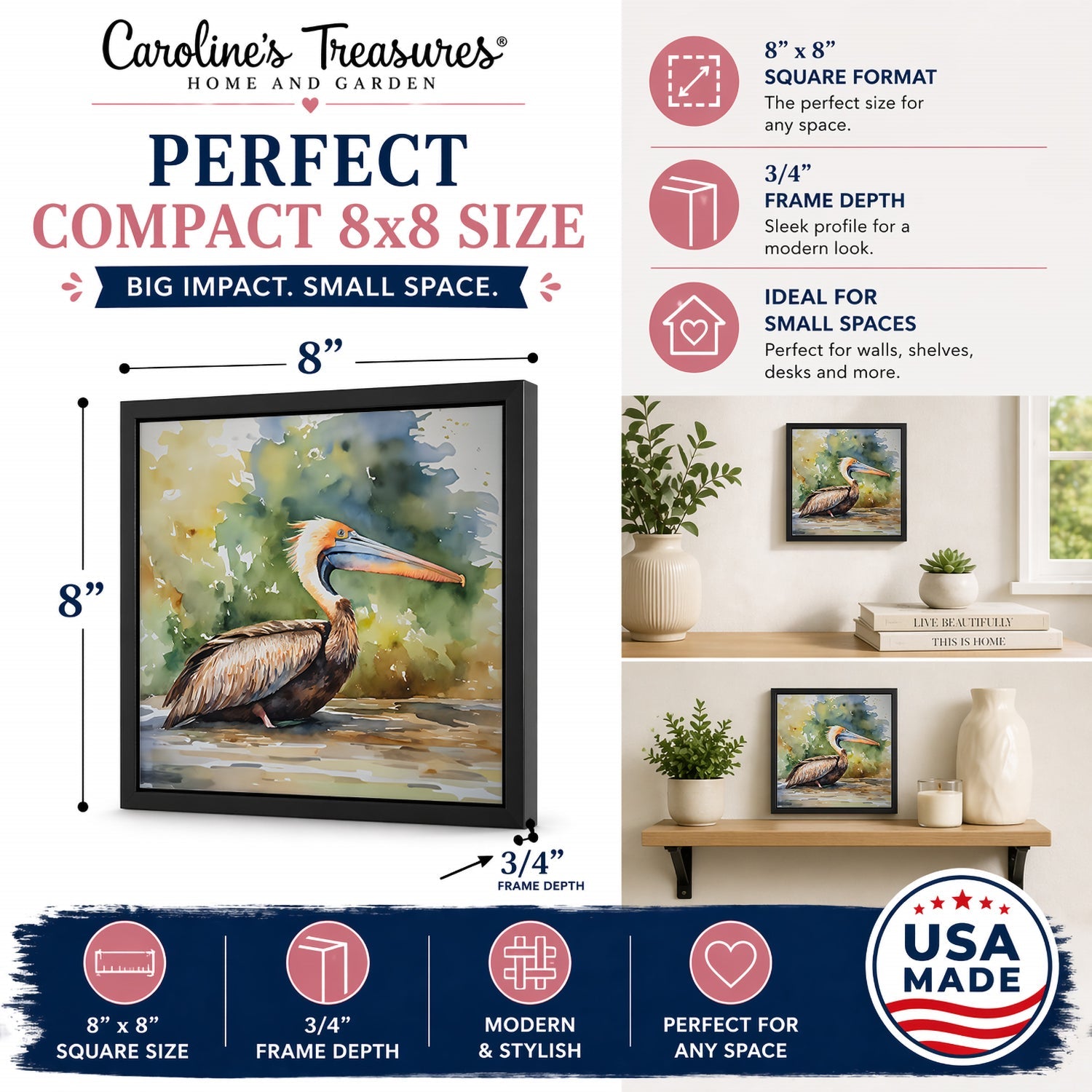Pelican Framed Metal Print Bathroom, Kitchen, Office, Home Decor Wall Art Ready to Hang, Square, 8X8