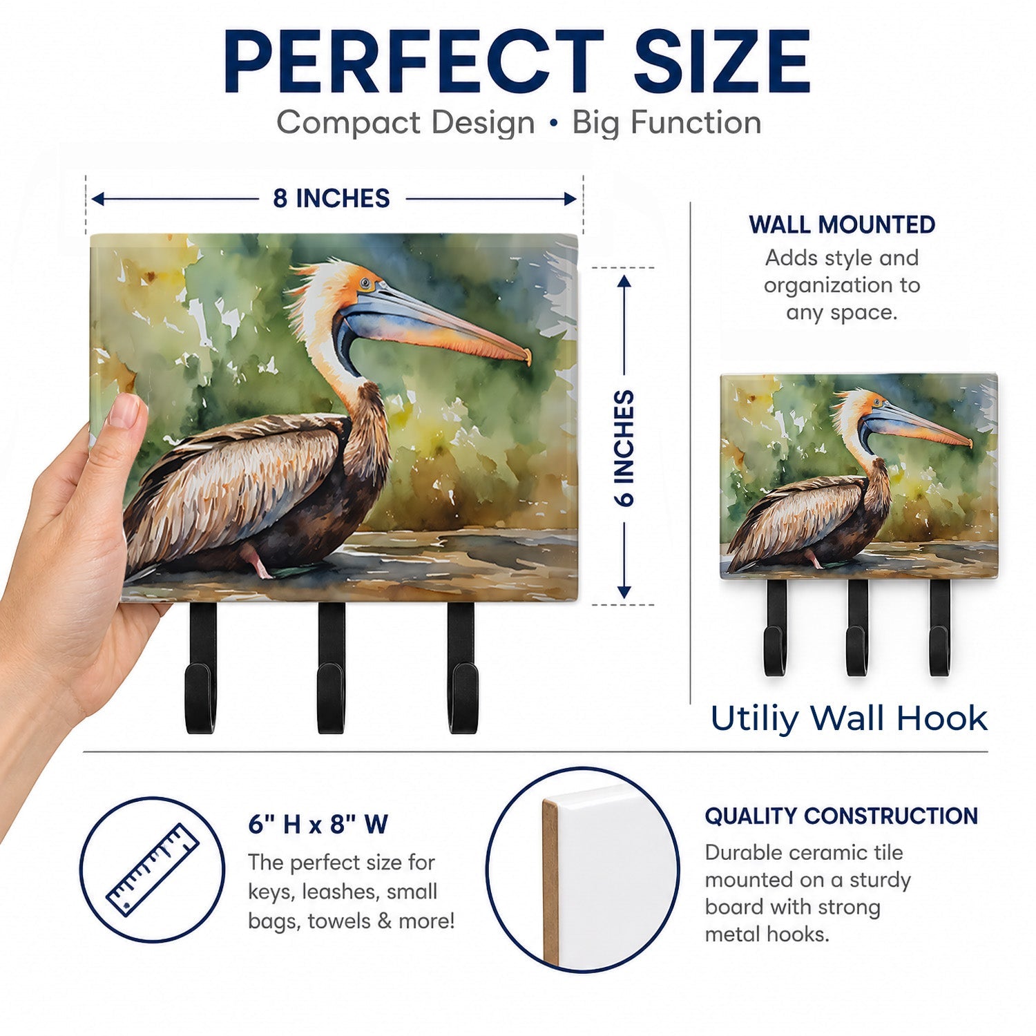 Pelican Leash or Key Holder Wall Hooks, Coat Rack Wall Mount, for Hanging Keys, Towels, Aprons, Leashes
