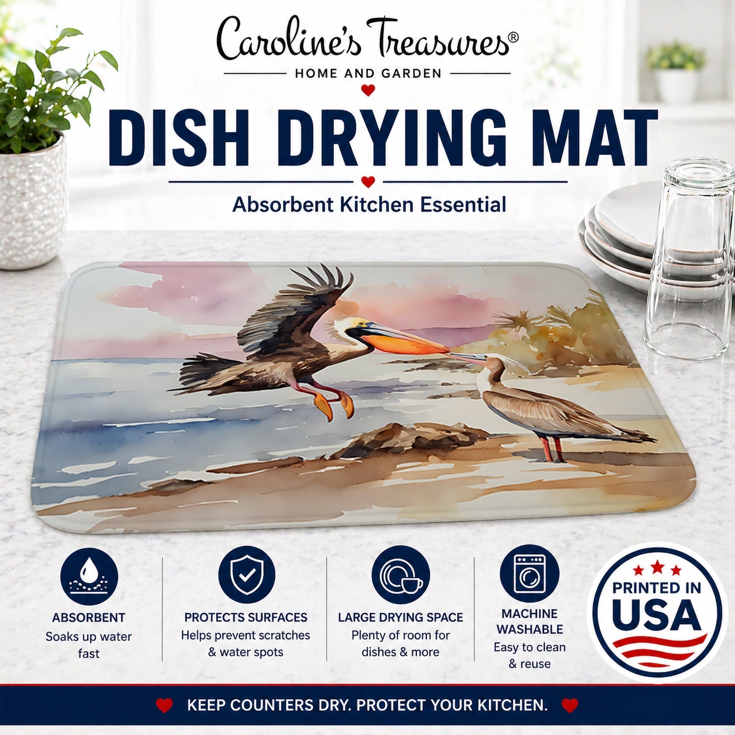Pelican Dish Drying Mat Absorbent Dish Drying Mat Pad for Kitchen Counter Dish Drainer Mat for Countertop, 14 x 21", Multicolor