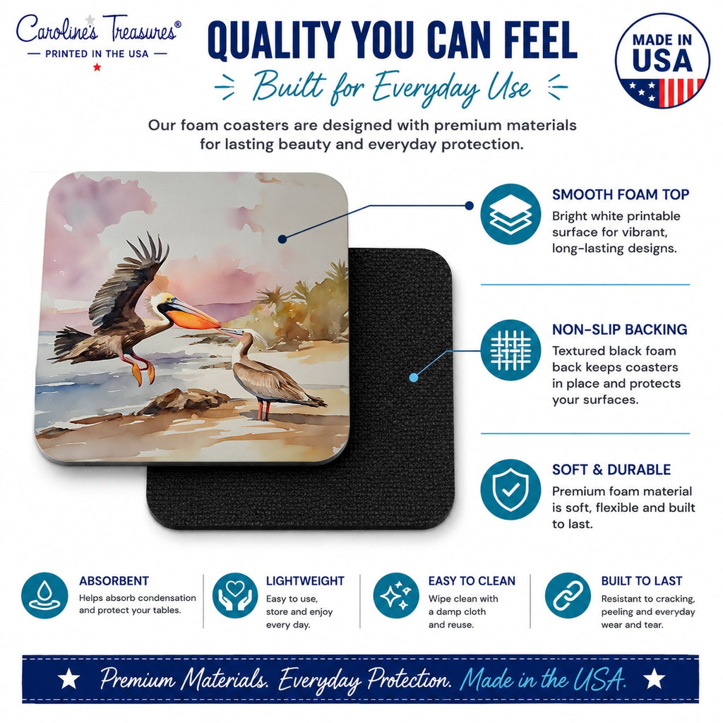 Pelican Foam Coasters Set of 4 Cup Coasters for Indoor Outdoor, Tabletop Protection, Anti Slip, Mouse pad Material