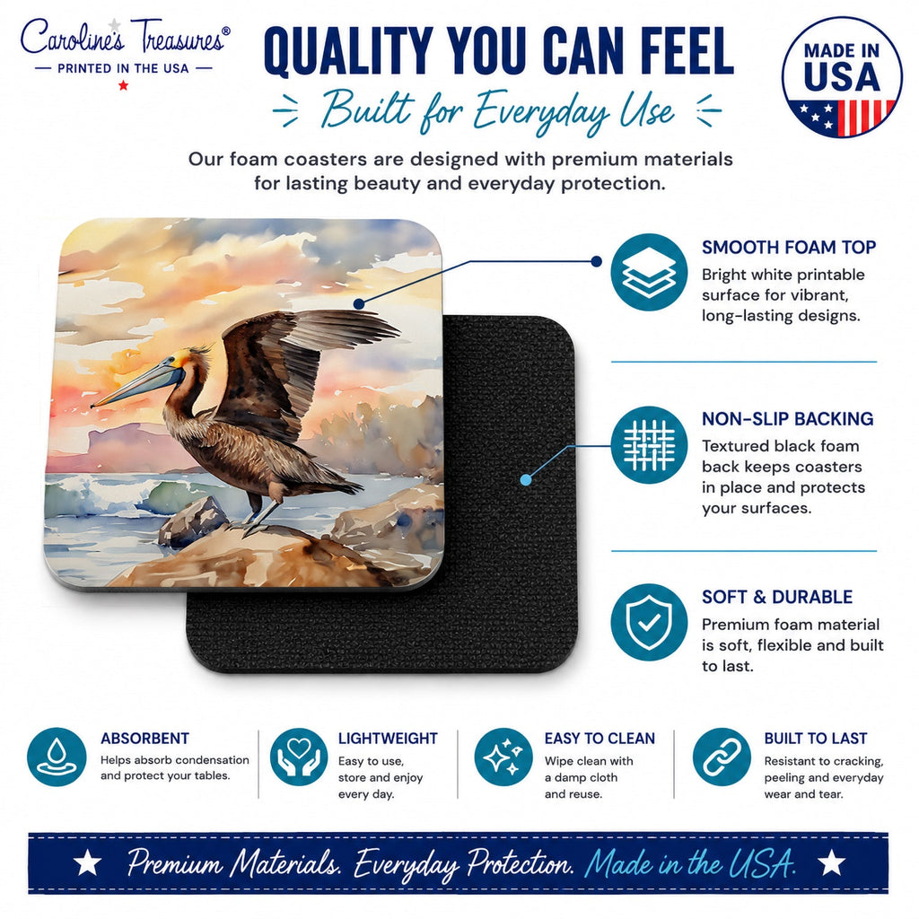 Pelican Foam Coasters Set of 4 Cup Coasters for Indoor Outdoor, Tabletop Protection, Anti Slip, Mouse pad Material