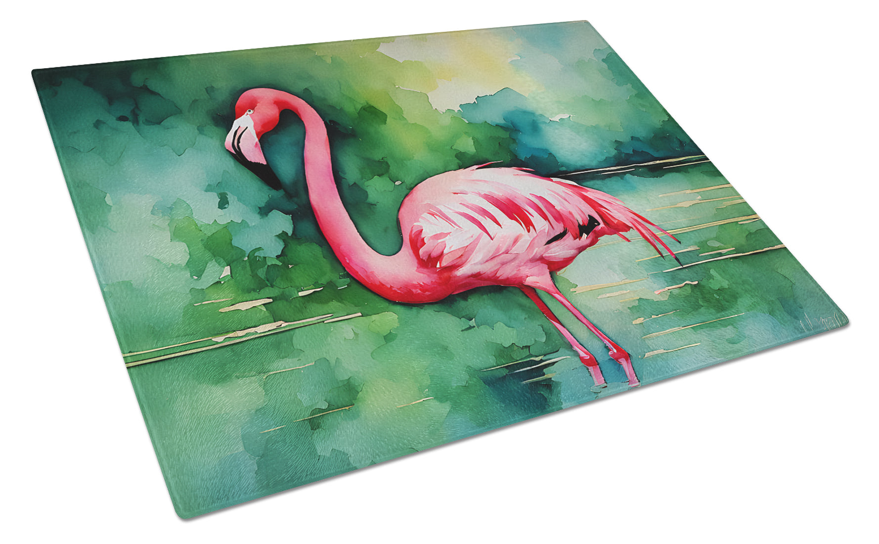 Flamingo Cutting Board Tempered Glass Kitchen Cutting Surface, Heat Resistant Chopping, Non-Slip Feet, Food Prep & Serving