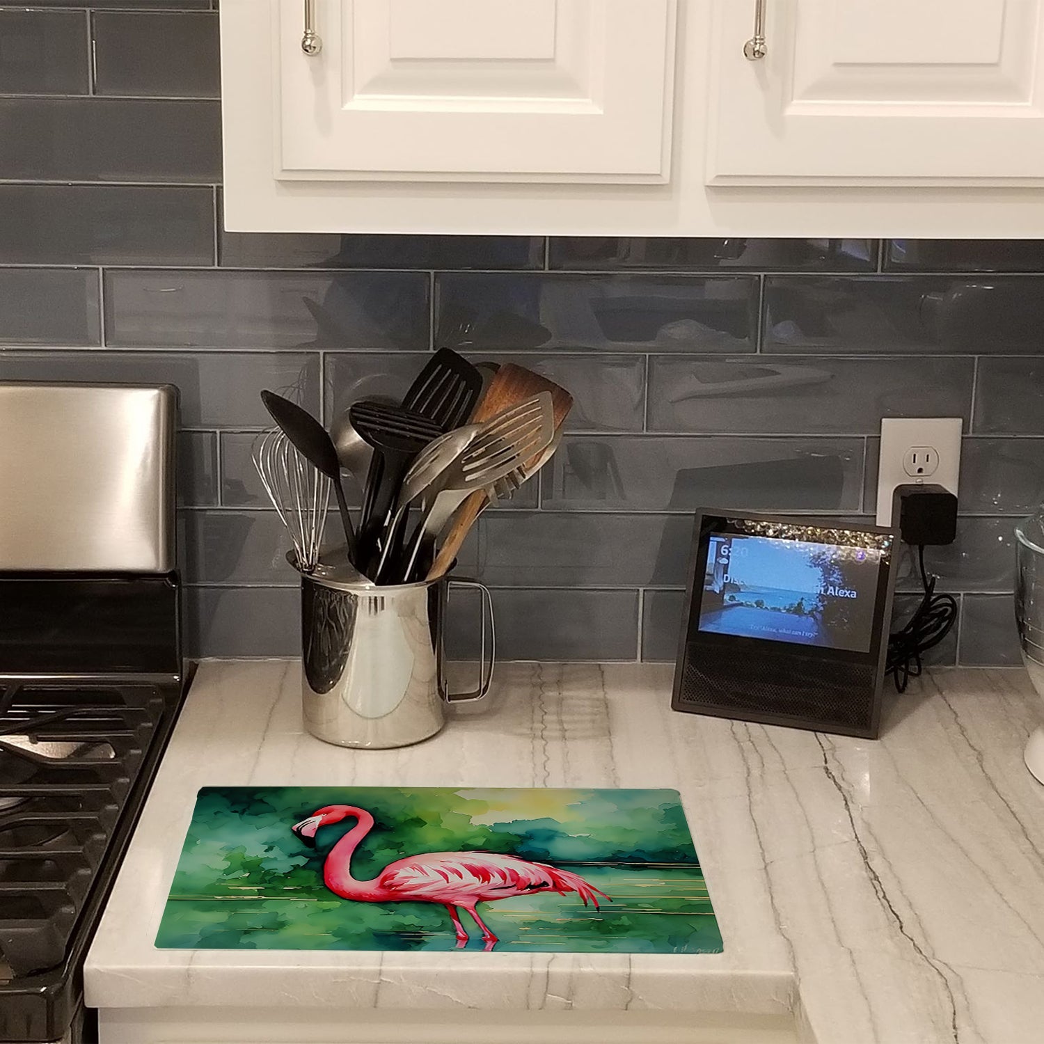Flamingo Cutting Board Tempered Glass Kitchen Cutting Surface, Heat Resistant Chopping, Non-Slip Feet, Food Prep & Serving