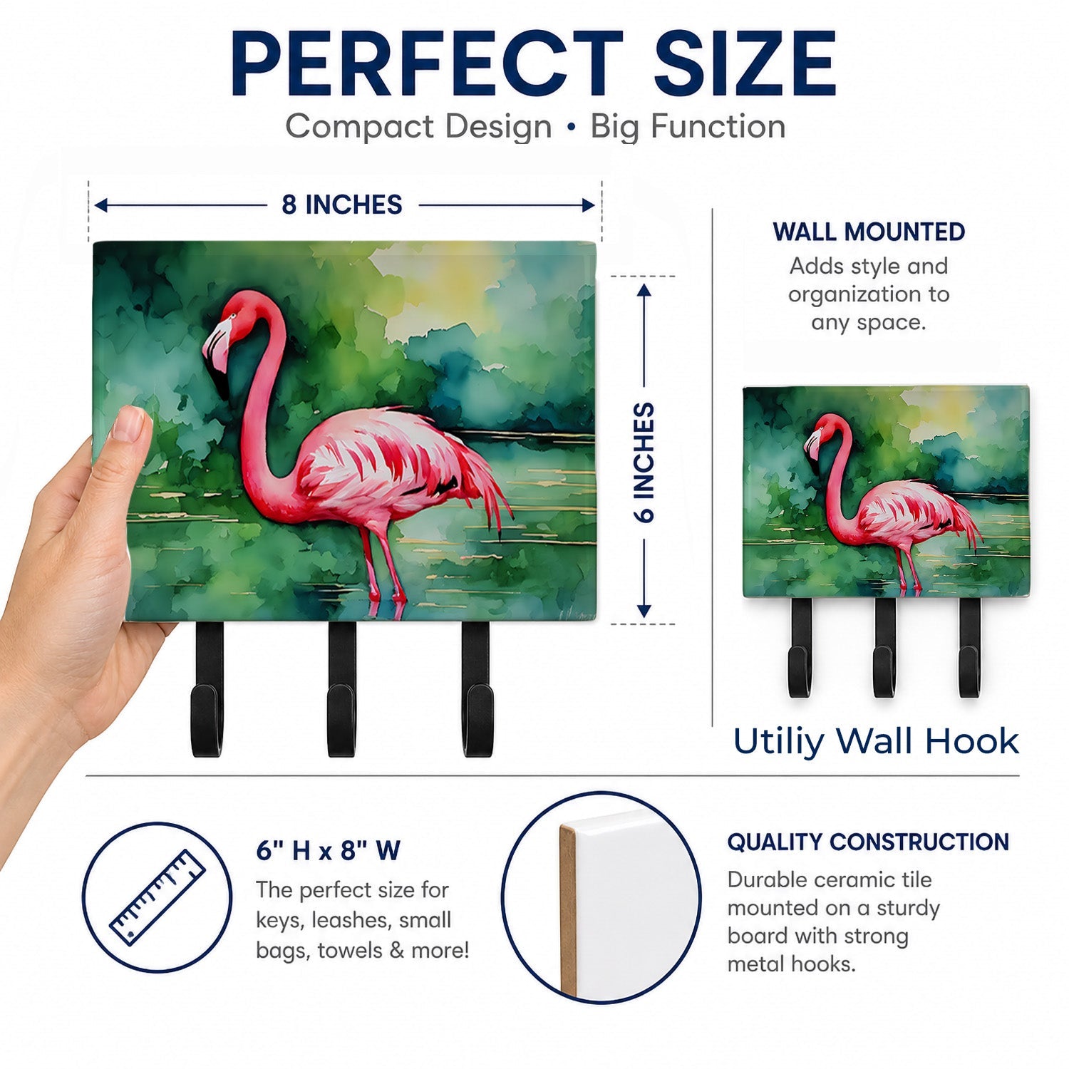 Flamingo Leash or Key Holder Wall Hooks, Coat Rack Wall Mount, for Hanging Keys, Towels, Aprons, Leashes