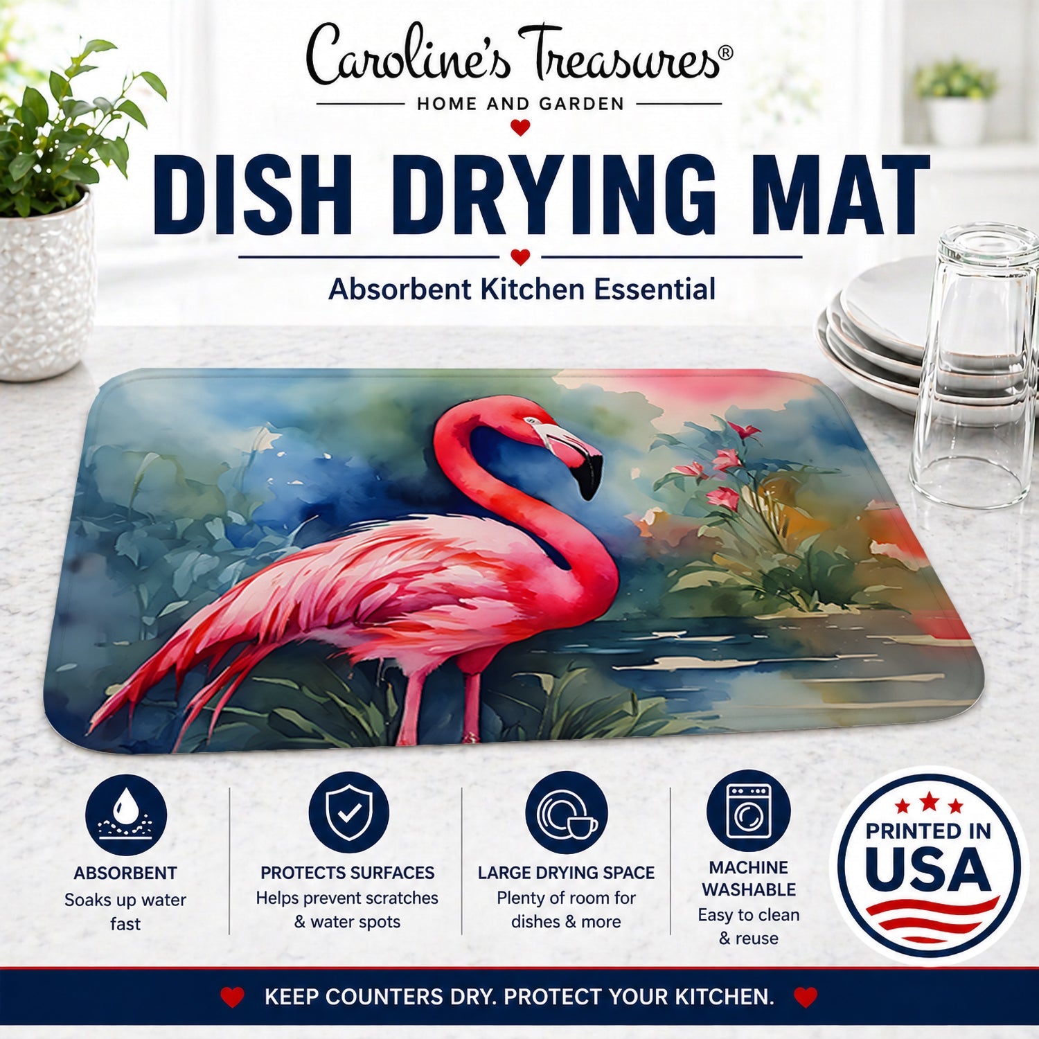 Flamingo Dish Drying Mat Absorbent Dish Drying Mat Pad for Kitchen Counter Dish Drainer Mat for Countertop, 14 x 21", Multicolor