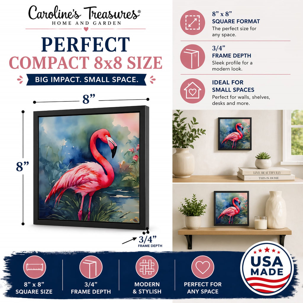 Flamingo Framed Metal Print Bathroom, Kitchen, Office, Home Decor Wall Art Ready to Hang, Square, 8X8