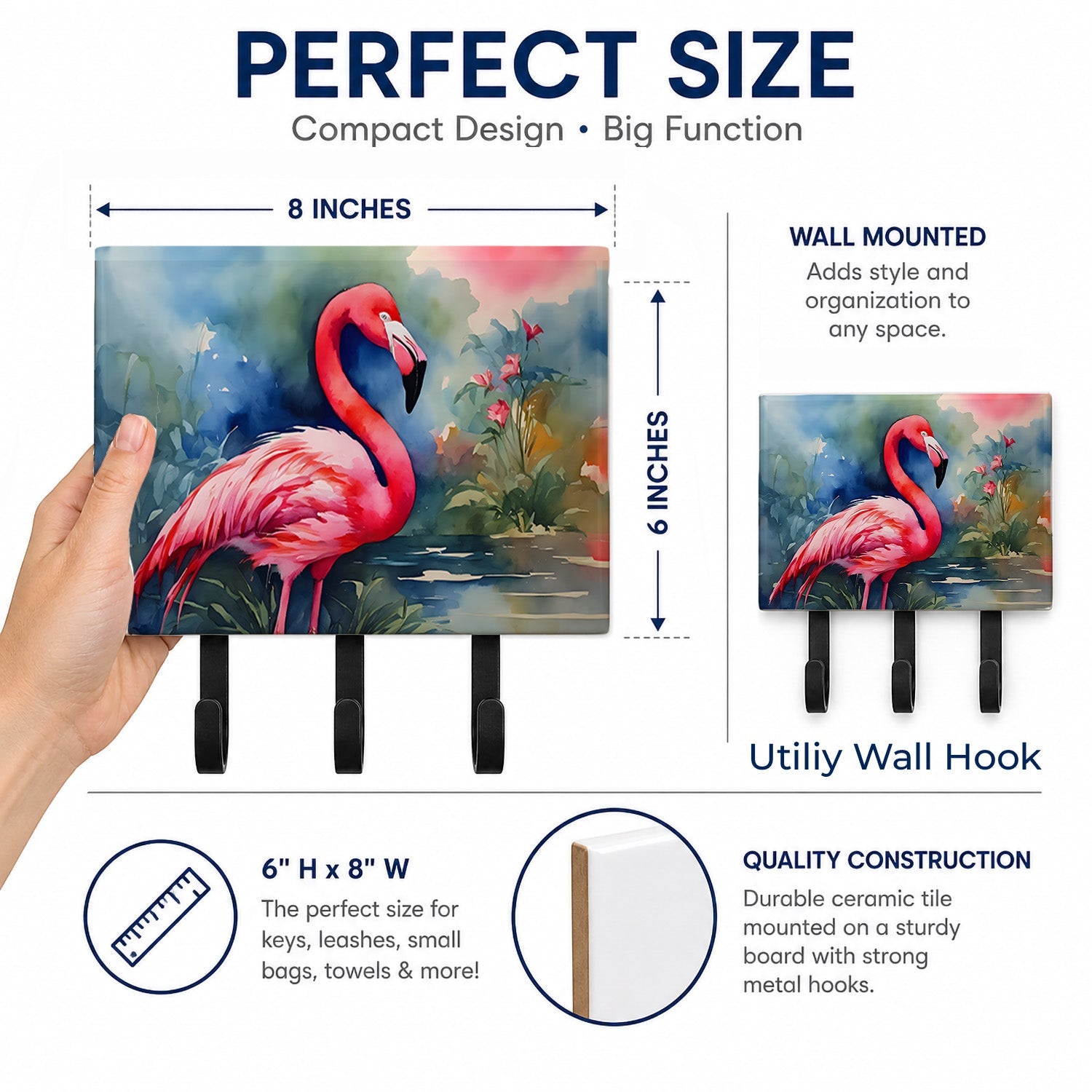 Flamingo Leash or Key Holder Wall Hooks, Coat Rack Wall Mount, for Hanging Keys, Towels, Aprons, Leashes