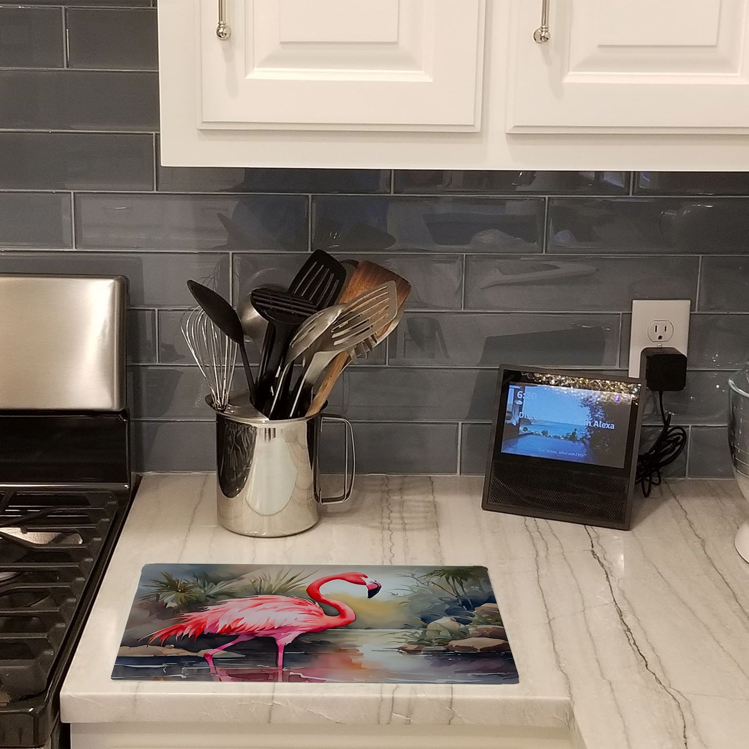 Flamingo Cutting Board Tempered Glass Kitchen Cutting Surface, Heat Resistant Chopping, Non-Slip Feet, Food Prep & Serving