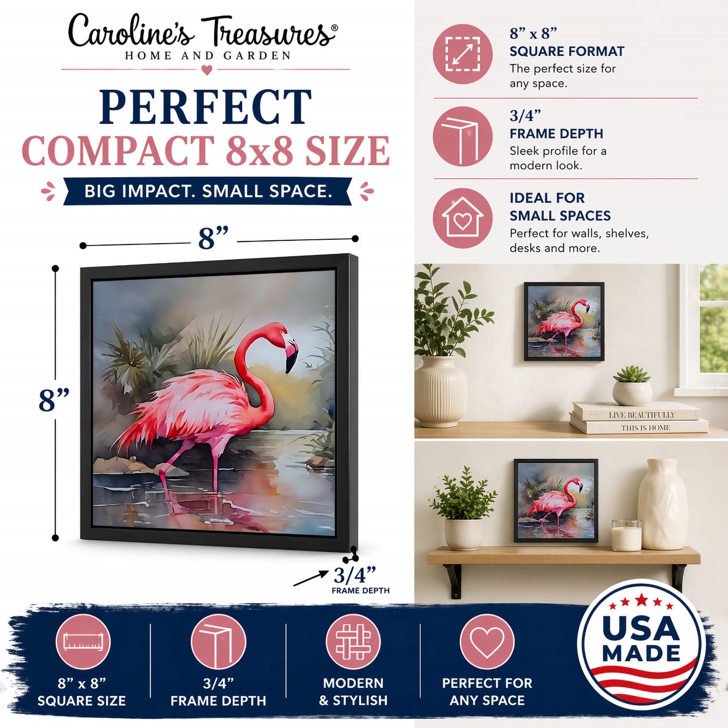 Flamingo Framed Metal Print Bathroom, Kitchen, Office, Home Decor Wall Art Ready to Hang, Square, 8X8