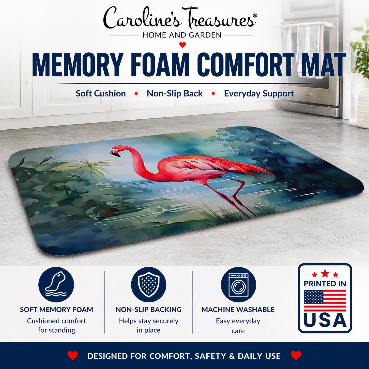Flamingo Memory Foam Kitchen Mat Machine Washable Anti-Fatigue Cushion Comfort Bath or Kitchen Rug