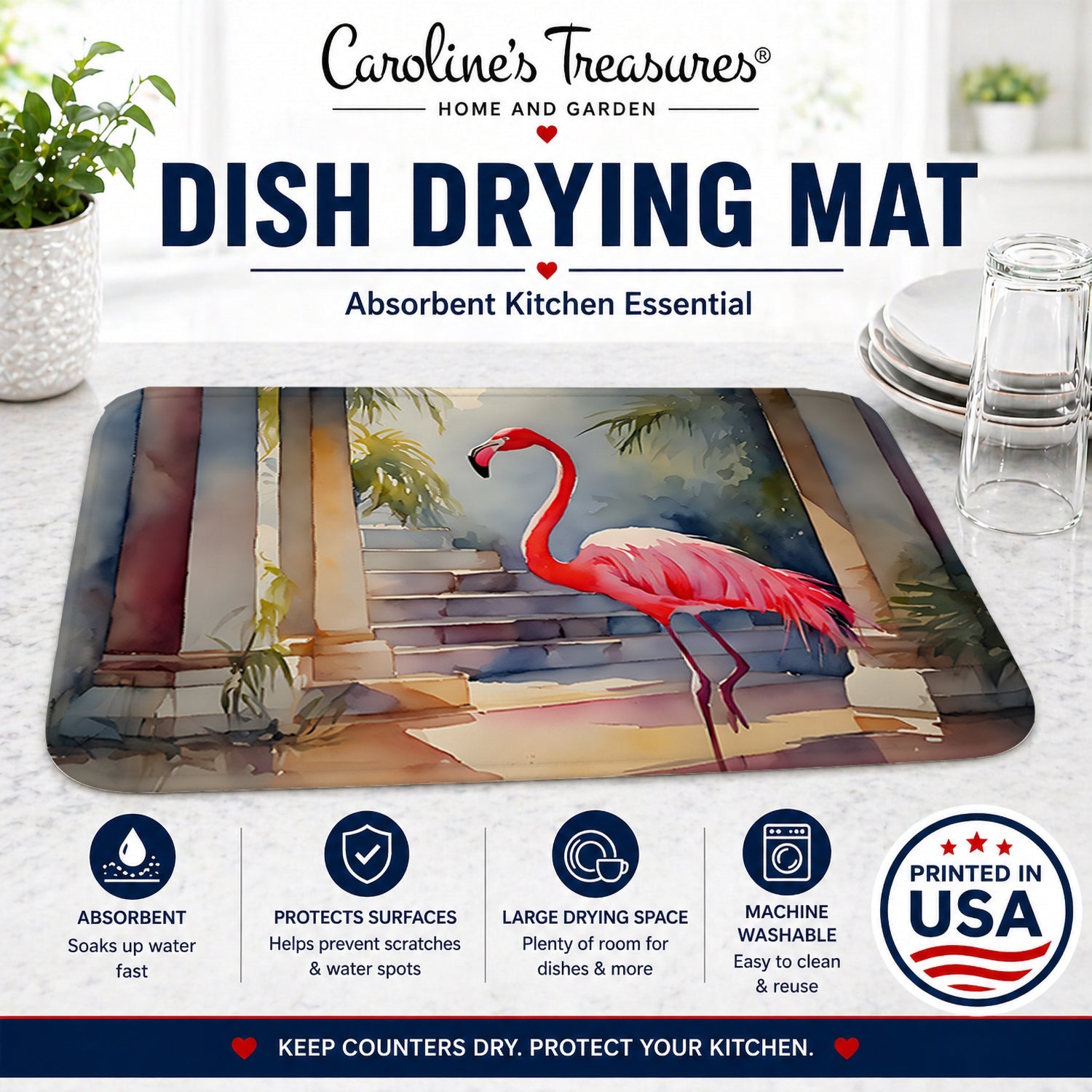 Flamingo Dish Drying Mat Absorbent Dish Drying Mat Pad for Kitchen Counter Dish Drainer Mat for Countertop, 14 x 21", Multicolor