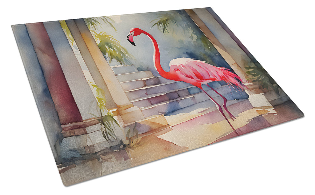 Flamingo Cutting Board Tempered Glass Kitchen Cutting Surface, Heat Resistant Chopping, Non-Slip Feet, Food Prep & Serving