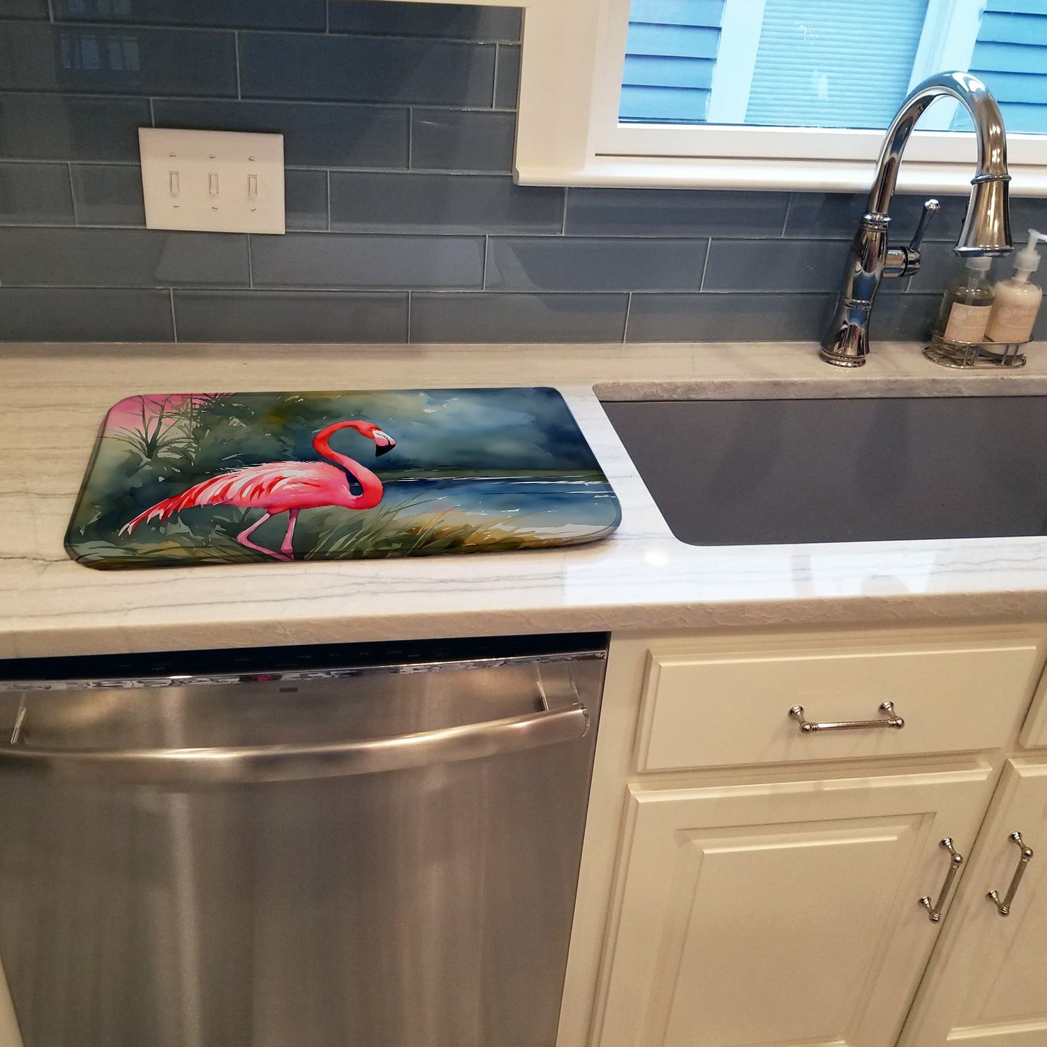 Flamingo Dish Drying Mat Absorbent Dish Drying Mat Pad for Kitchen Counter Dish Drainer Mat for Countertop, 14 x 21", Multicolor
