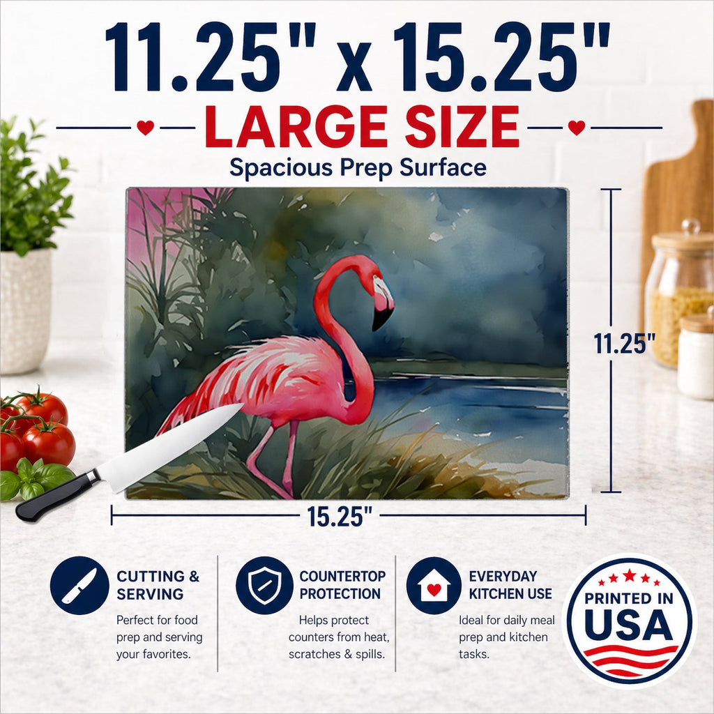 Flamingo Cutting Board Tempered Glass Kitchen Cutting Surface, Heat Resistant Chopping, Non-Slip Feet, Food Prep & Serving