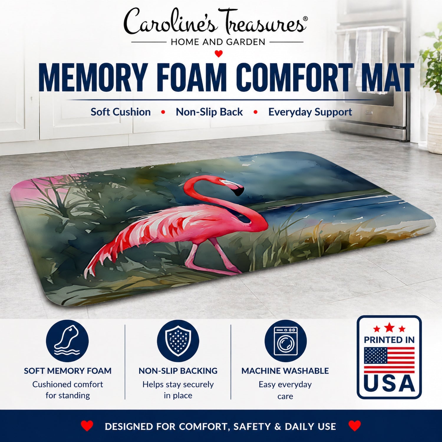 Flamingo Memory Foam Kitchen Mat Machine Washable Anti-Fatigue Cushion Comfort Bath or Kitchen Rug
