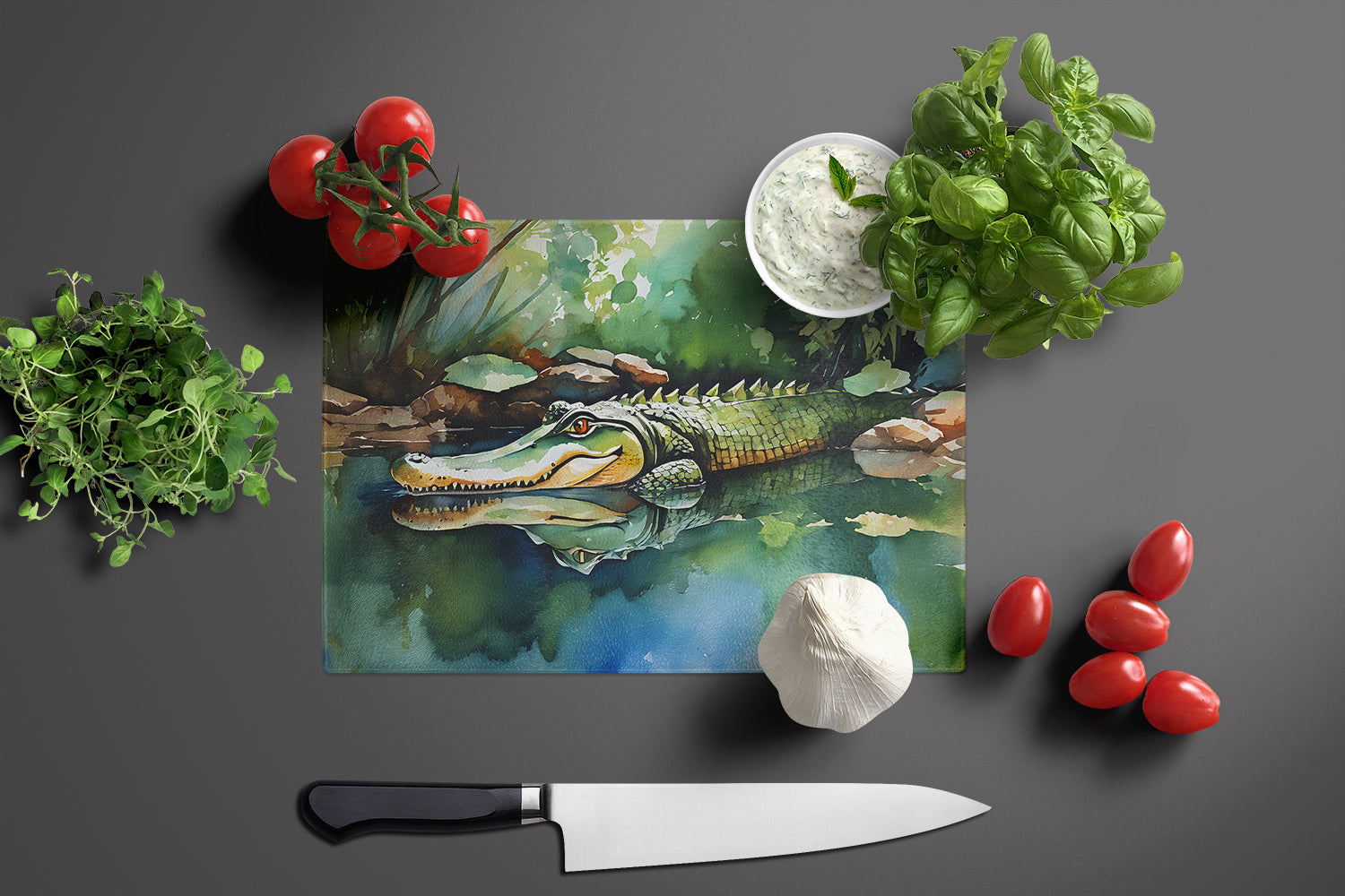 Alligator Cutting Board Tempered Glass Kitchen Cutting Surface, Heat Resistant Chopping, Non-Slip Feet, Food Prep & Serving