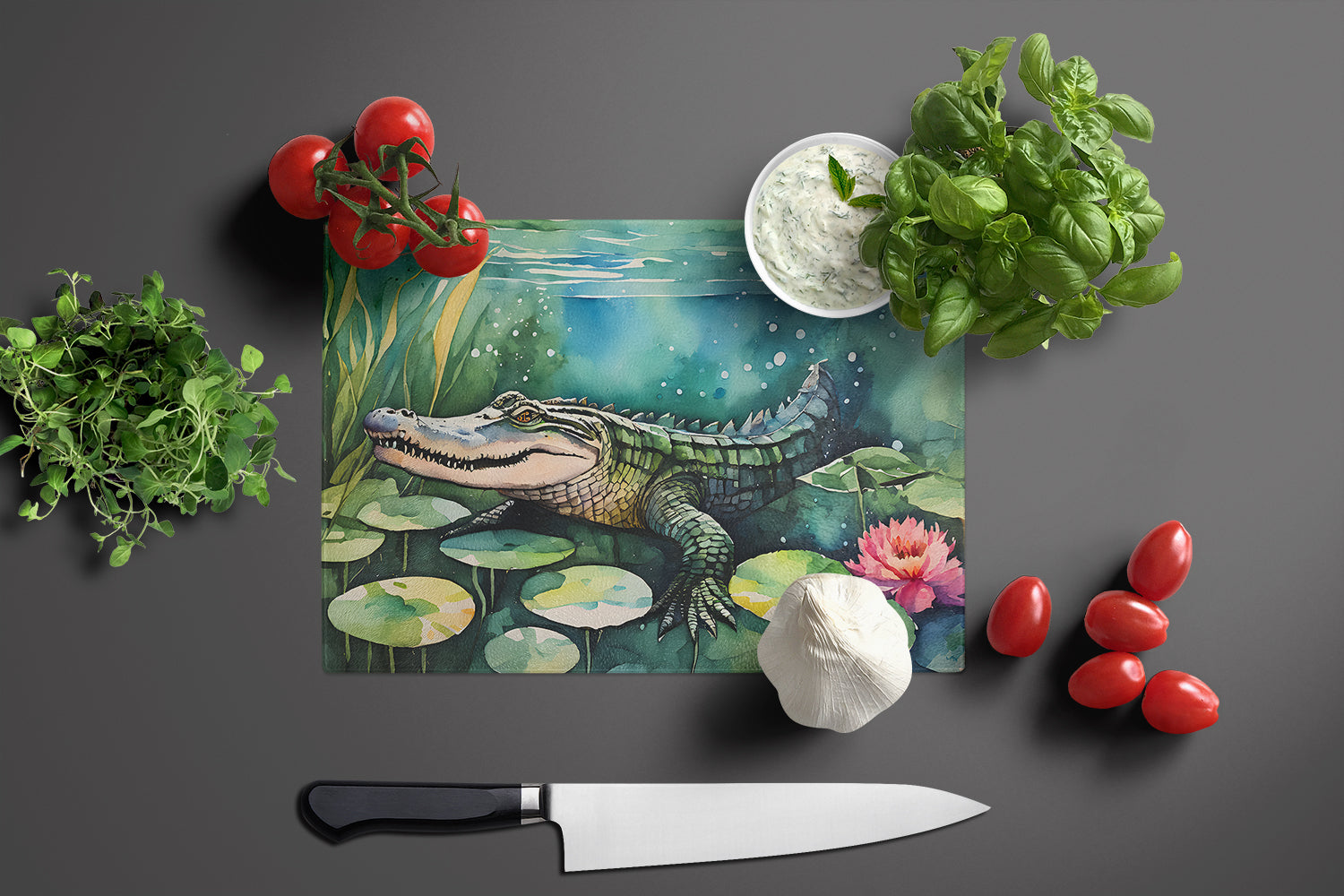 Alligator Cutting Board Tempered Glass Kitchen Cutting Surface, Heat Resistant Chopping, Non-Slip Feet, Food Prep & Serving