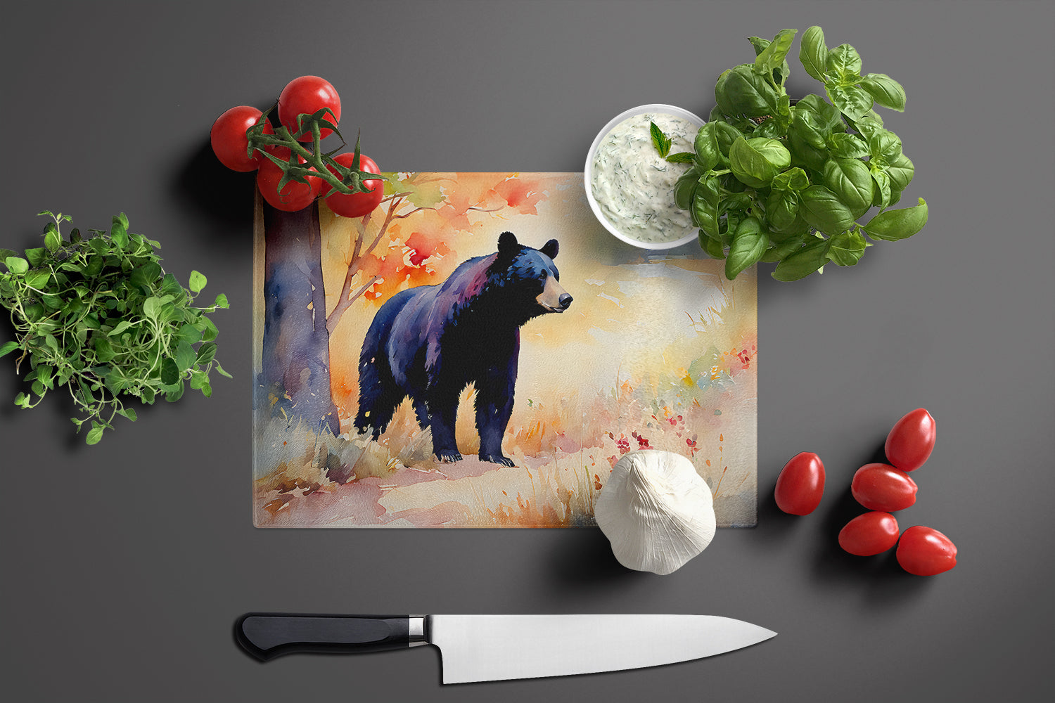 American Black Bear Cutting Board Tempered Glass Kitchen Cutting Surface, Heat Resistant Chopping, Non-Slip Feet, Food Prep & Serving