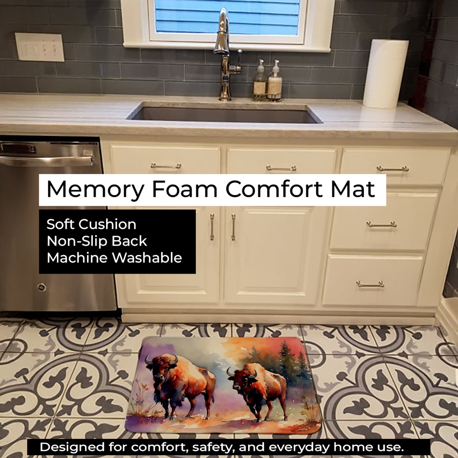 Buffalo Memory Foam Kitchen Mat Machine Washable Anti-Fatigue Cushion Comfort Bath or Kitchen Rug